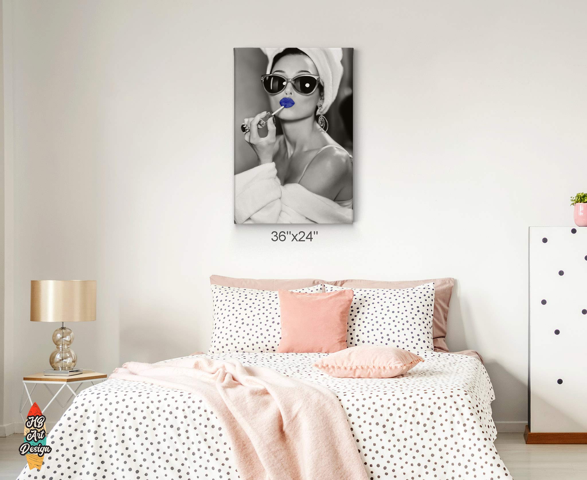 Audrey Hepburn Style Blue Lips Canvas Print - Pop Art Wall Decor for Bedroom, Vanity & Makeup Room | 36x24 Inch Fashion Artwork, Unique Gift for Women
