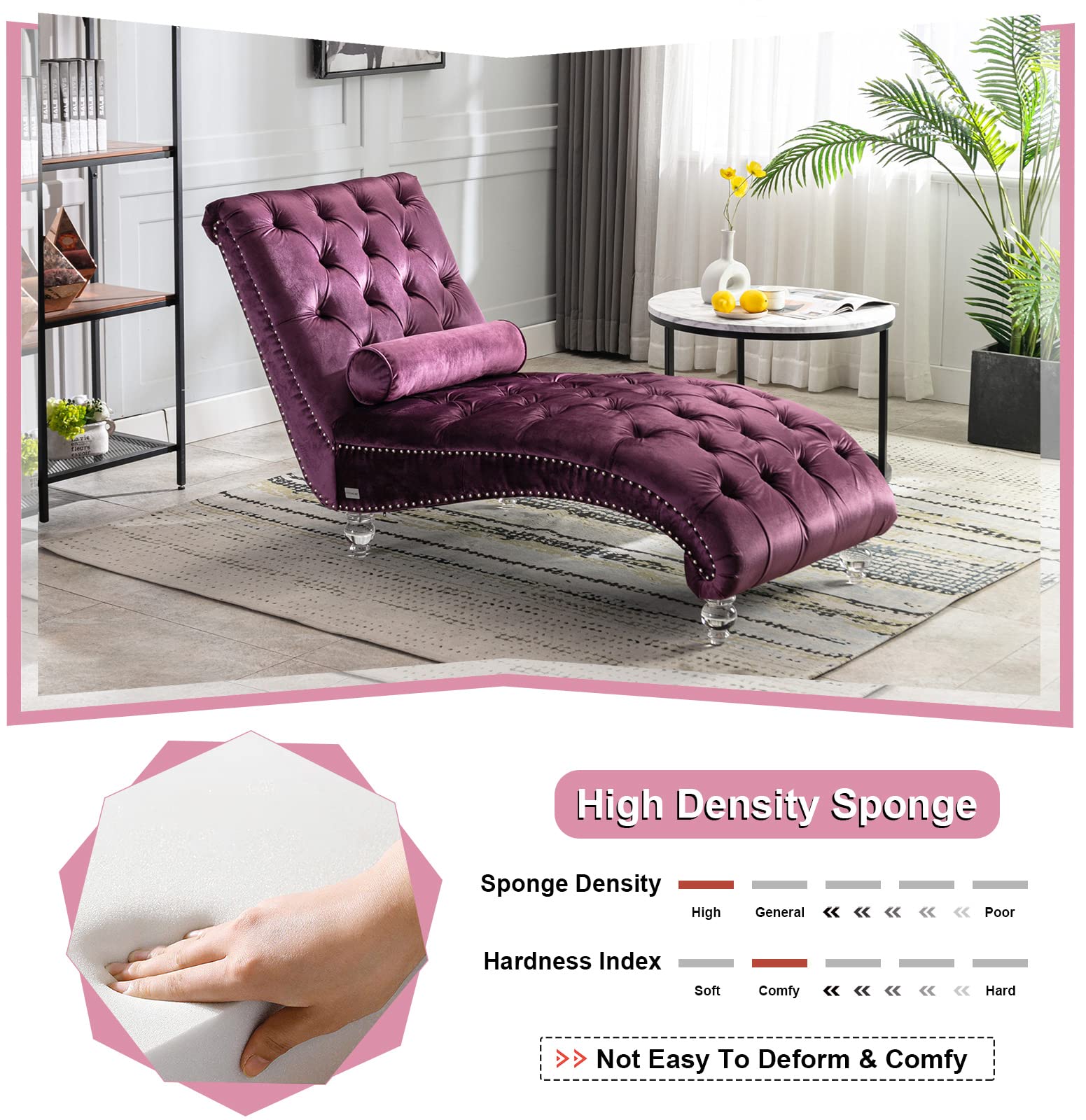 KINFFICT Velvet Chaise Lounge Chair with Toss Pillow - Modern Tufted Button Accent Chair with Sturdy Acrylic Legs - Plush Upholstered Sleeper Chair for Living Room, Bedroom & Office - Elegant Purple Home Decor for Relaxation & Stylish Interior Design