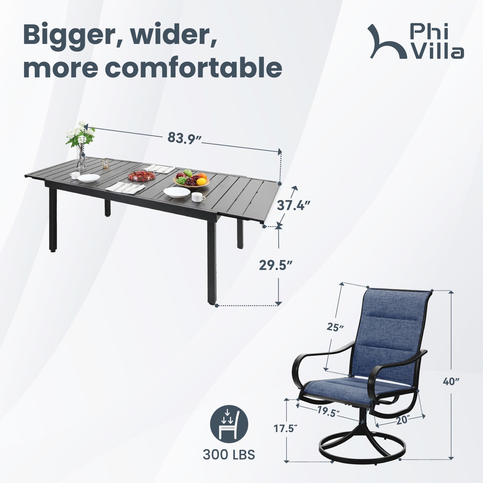PHI VILLA 9-Piece Outdoor Patio Dining Set with 8 Swivel Padded Chairs & 1 Extendable Table - Weather-Resistant Blue Garden Furniture for 6-8 People - Perfect for Backyard BBQs, Poolside Dining & Outdoor Entertaining
