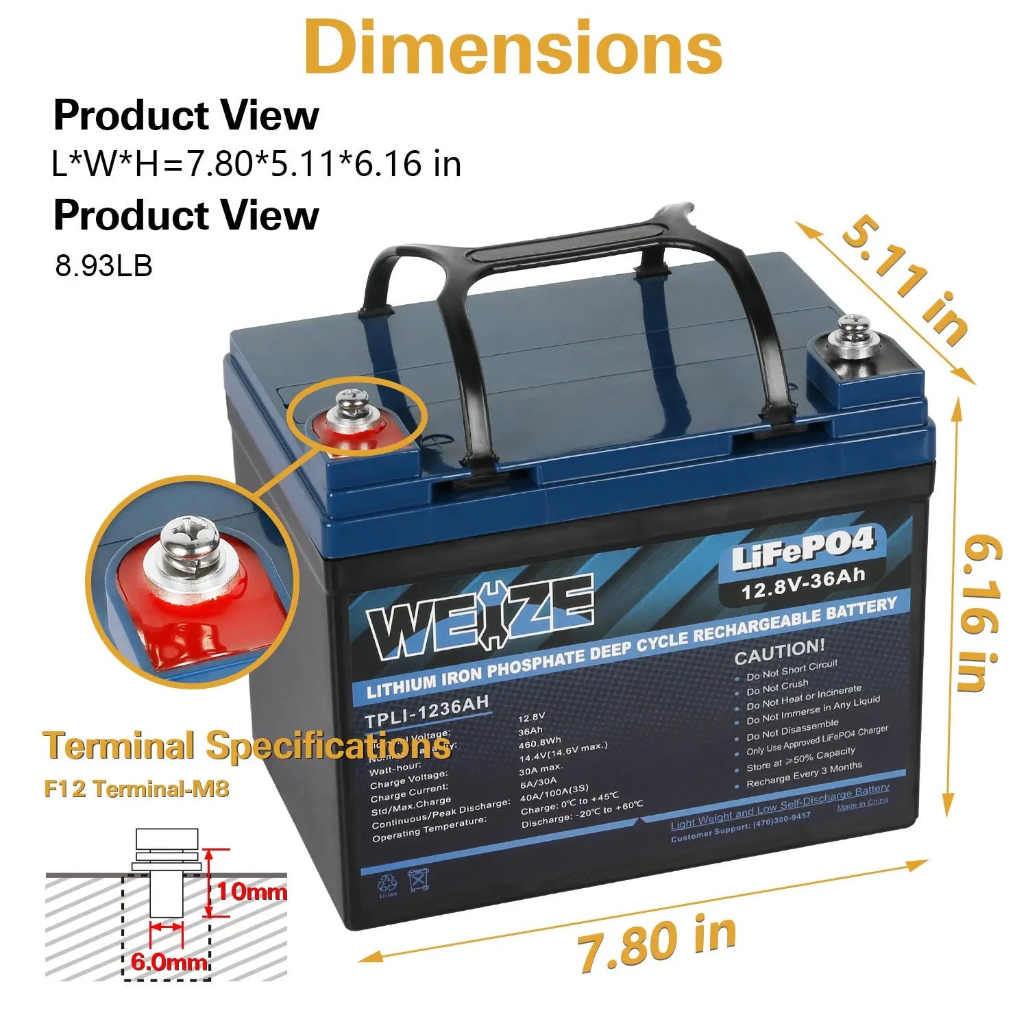 WEIZE 12V 36Ah 460.8Wh Lithium LiFePO4 Deep Cycle Battery - Perfect for Solar Power Systems, Marine Applications, RV Camping & Off-Grid Energy Storage
