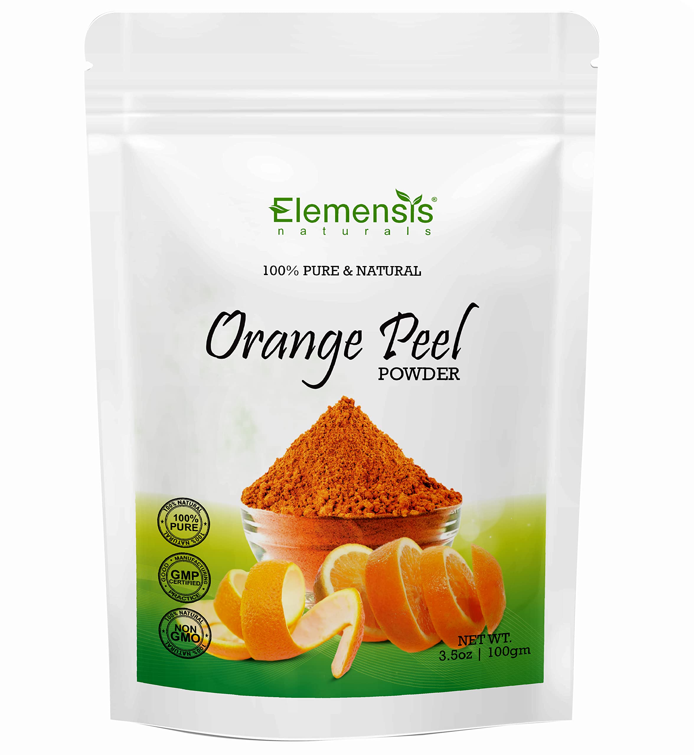 Elemensis Naturals Pure Orange Peel Powder for Skin Brightening - 100g Face Mask for Glowing Skin, Acne Treatment & Pimple Control - Natural Skin Whitening Solution for Daily Skincare Routine
