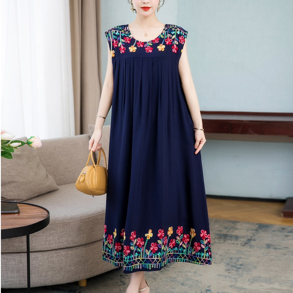Women's Casual Floral Embroidery Summer Dress - Boho Chic Maxi Dress for Beach, Vacation & Outdoor Parties