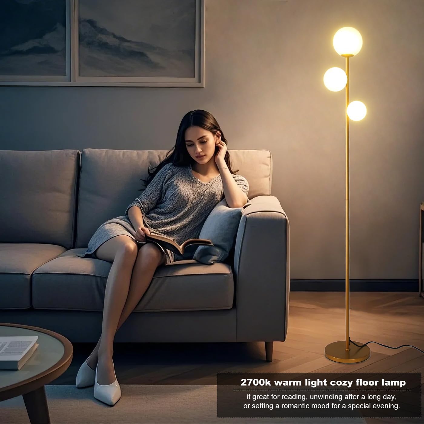 Fiqevs 3 Globe Mid Century Modern Floor Lamp - Vintage Gold Standing Tall Lamp with Frosted Glass Shade & Included Bulbs, Antique Brass Finish | Perfect for Living Room, Bedroom, Office & Reading Nook Lighting