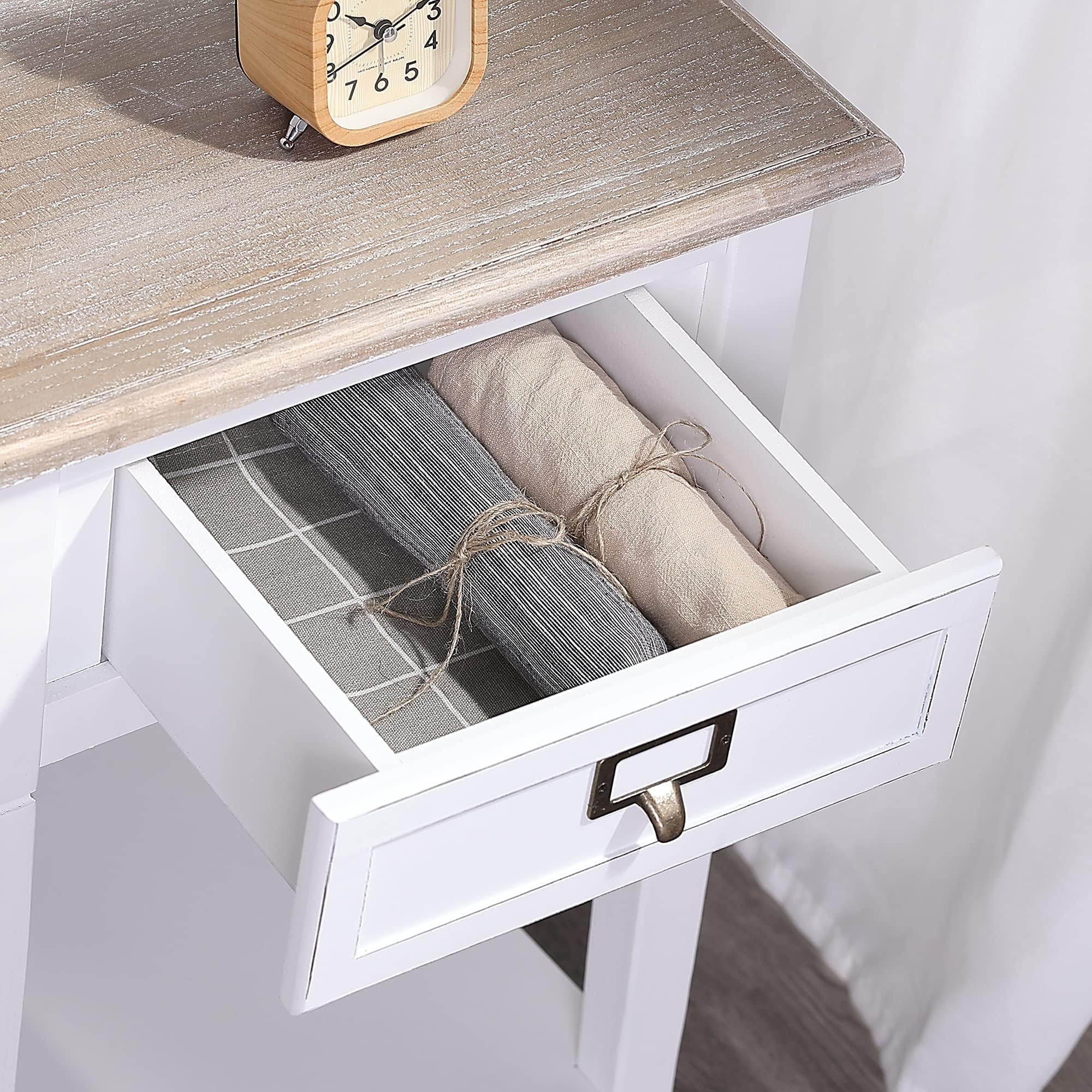 Rustic Farmhouse End Table with Drawers & Open Shelf - Handcrafted Wooden Nightstand for Living Room, Bedroom - Set of 2 White Accent Tables - Perfect for Cozy Home Decor & Small Space Storage