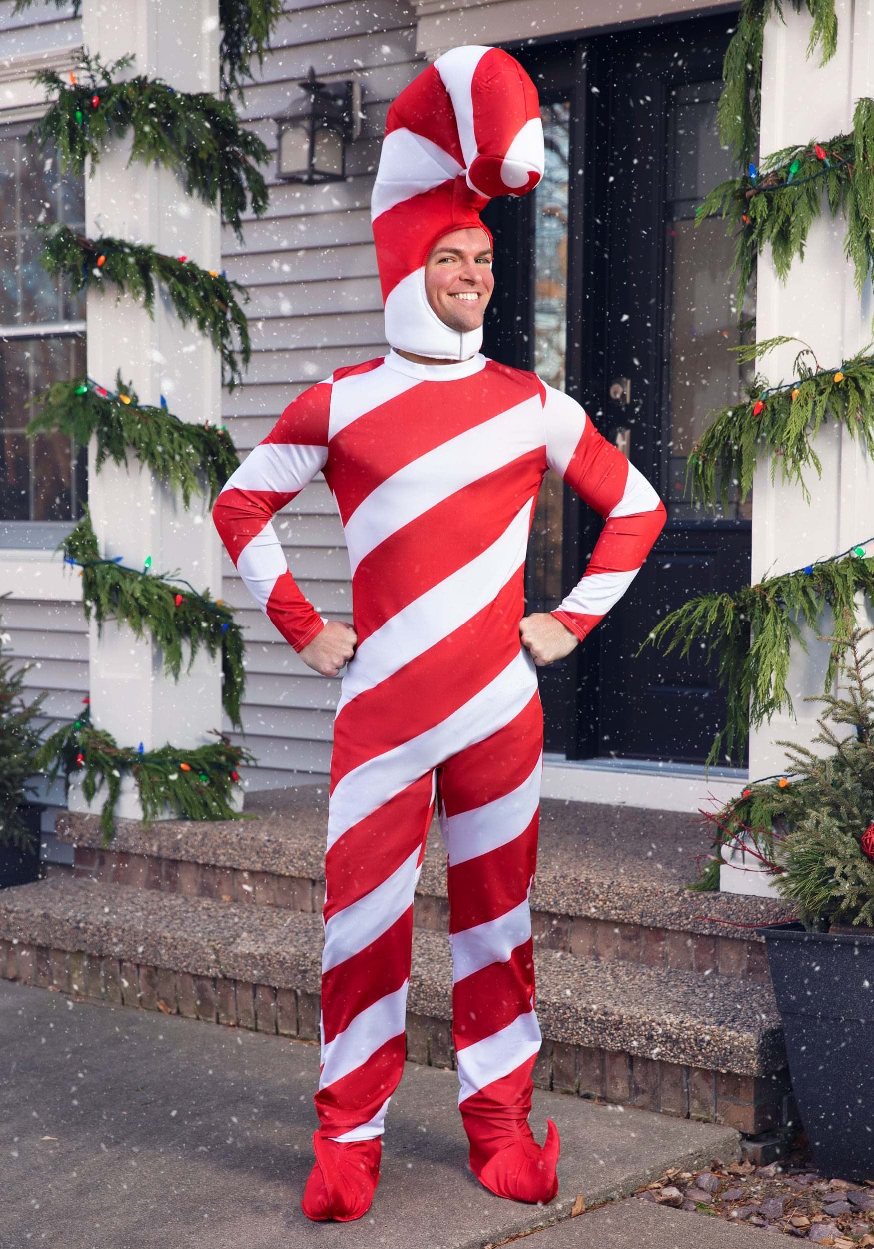 Sexy Adult Red Candy Cane Christmas Costume - Stretch Knit Jumpsuit with Stuffed Hood & Zipper Closure - Fun Holiday Party Outfit for Women - Perfect for Xmas Parties, Office Celebrations & Festive Gatherings