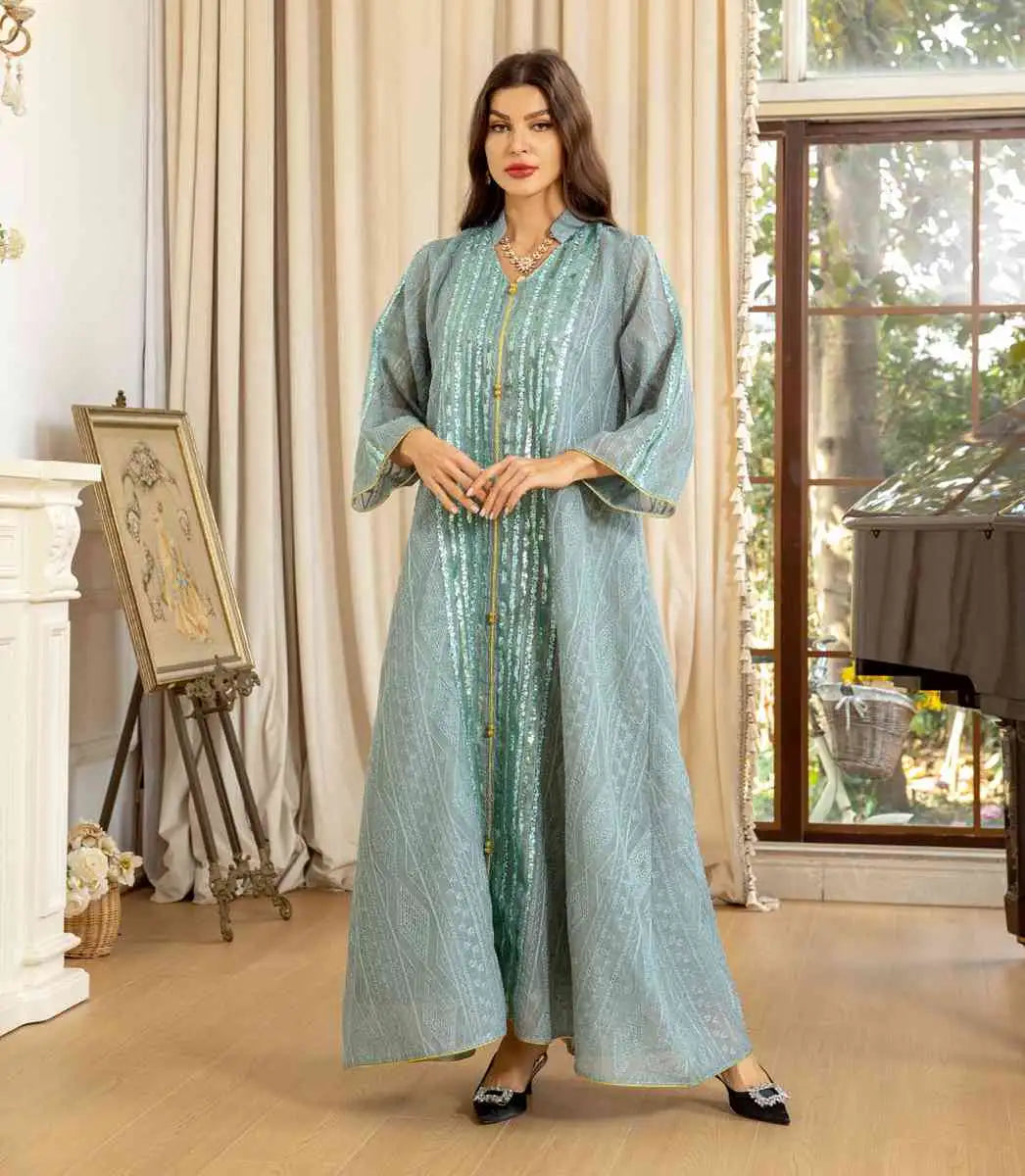 Elegant Eid Dress for Women - Sparkling Sequins & Embroidery Kaftan Caftan - Perfect for Eid Celebrations, Parties, and Special Occasions