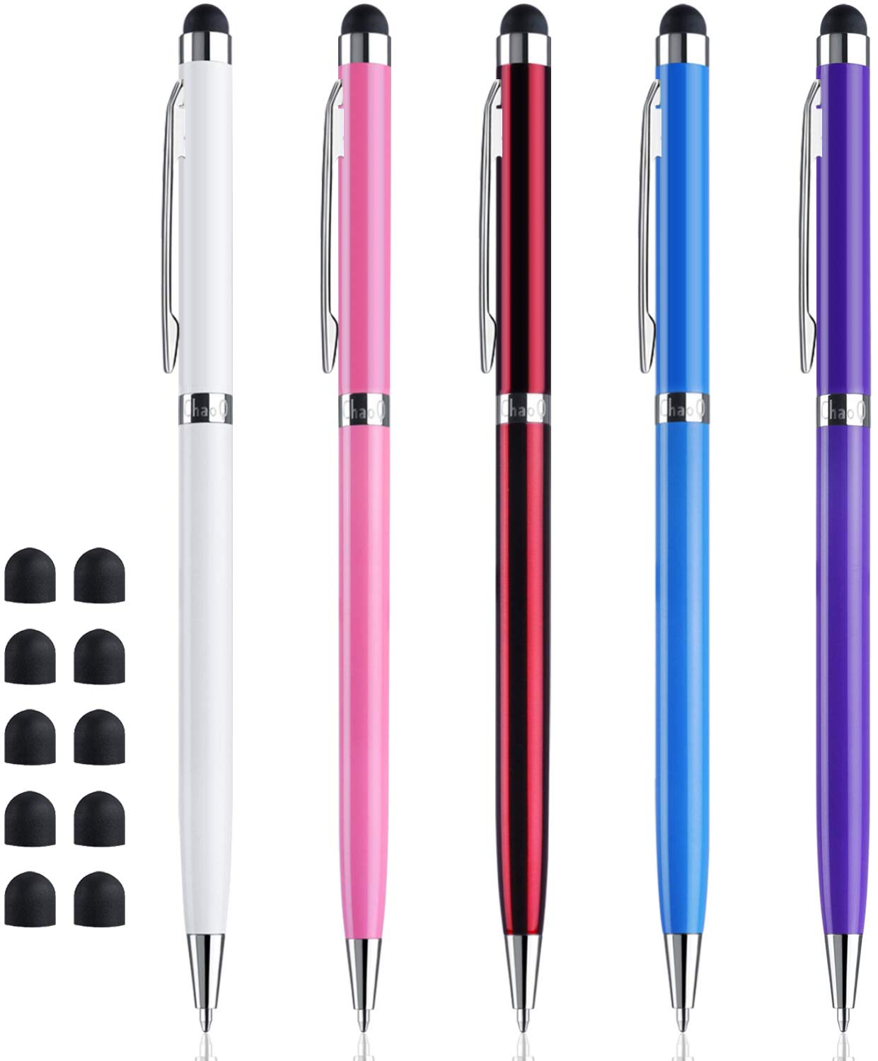 5-Pack ChaoQ Stylus Pens for Touch Screens - 2-in-1 Capacitive Stylus & Ballpoint Pen with 10 Replaceable Rubber Tips (Black Ink, 5 Colors) - Perfect for iPad, iPhone, Android Tablets, Drawing & Note-Taking