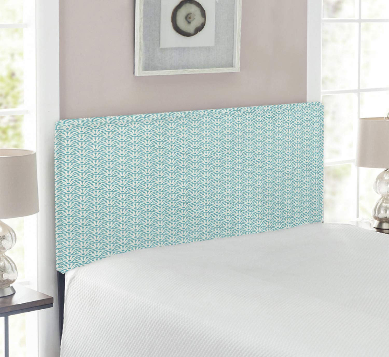 Ambesonne Eastern Headboard - Traditional Sea Wave & Retro Floral Design Upholstered Metal Bed Frame with Memory Foam - Twin Size Sky Blue & White - Perfect for Coastal, Bohemian & Vintage Bedroom Decor