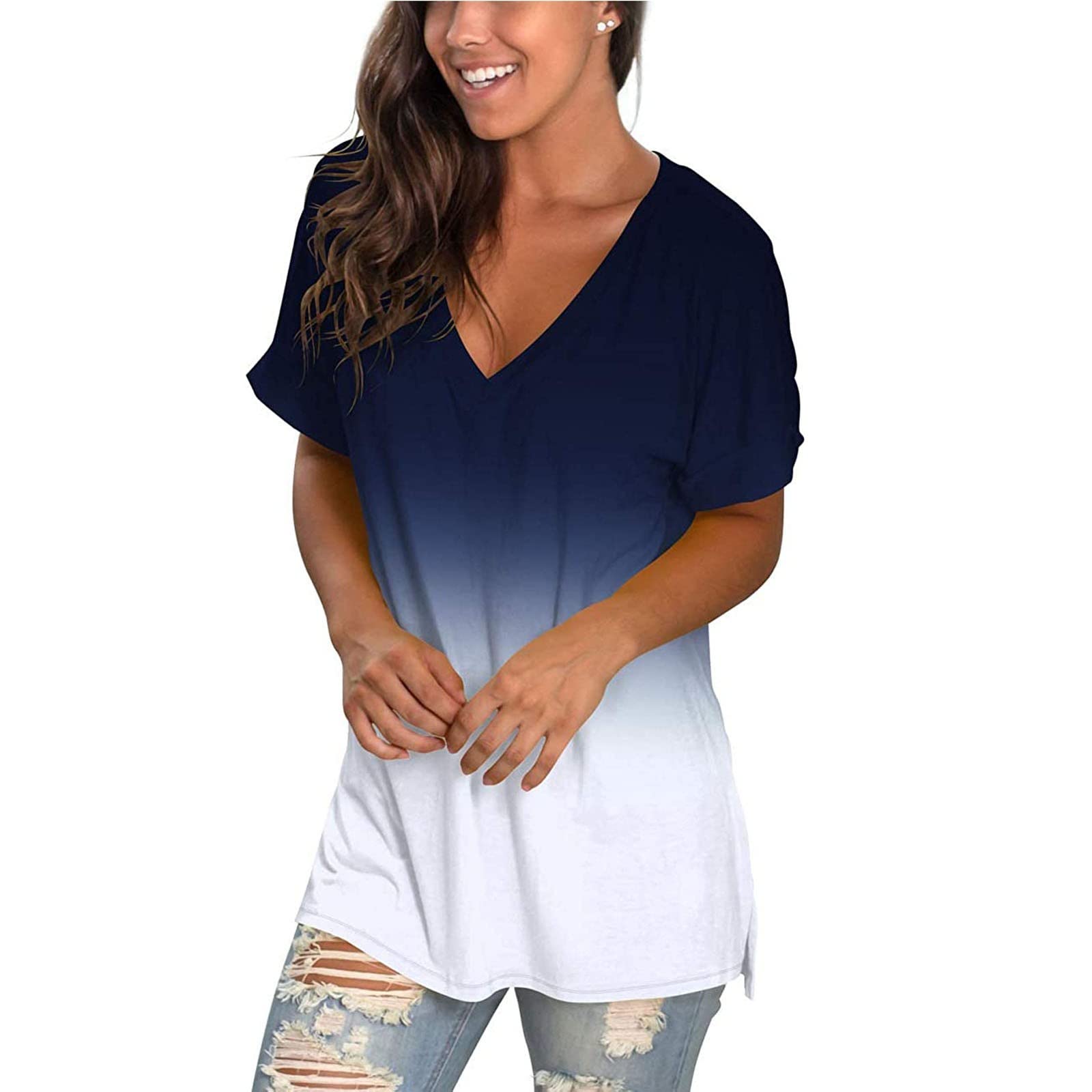 Women's Gradient Print V-Neck Short Sleeve Blouse - Fashionable Loose T-Shirt Top for Casual Wear, Date Night & Summer Outfits