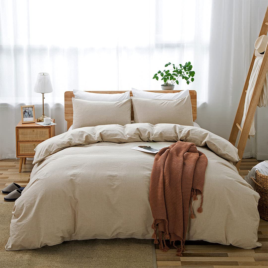 100% Washed Cotton Duvet Cover Twin Size (68x90 Inches) - Linen-Like Textured Khaki Fade-Resistant Natural Bedding Set - Perfect for Cozy Bedrooms, Guest Rooms & Dorm Decor - No Comforter Included