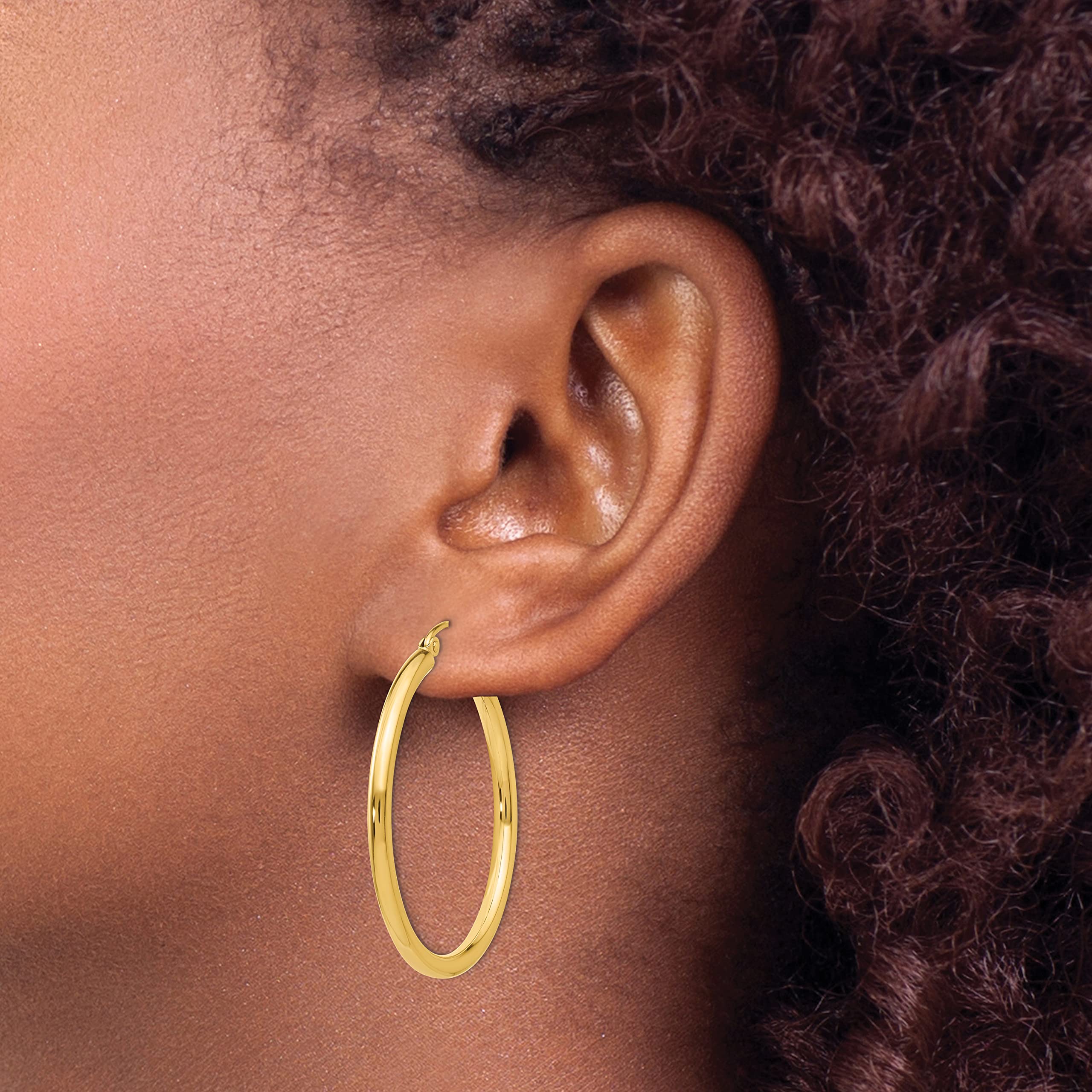 10K Yellow Gold Polished 2.5mm Tube Hoop Earrings for Women - 30mm Diameter Classic Dangle Earrings for Everyday Wear, Parties & Special Occasions
