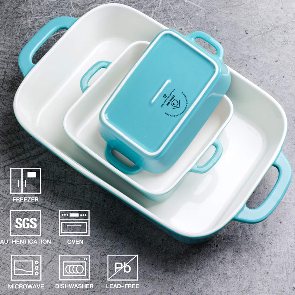 Sweejar Ceramic Bakeware Set - 3-Piece Rectangular Baking Dish for Oven, Casserole, Lasagna & Roasting | Durable Porcelain Cookware for Baking, Cooking & Serving | Perfect for Thanksgiving, Christmas Dinner & Family Gatherings (Turquoise)