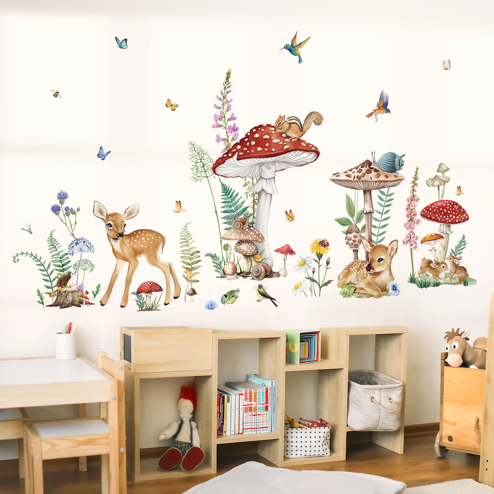 Wondever Woodland Nursery Decor - Peel and Stick Animal Wall Stickers with Mushroom, Deer & Flower Designs for Kids Bedroom, Baby Room - Perfect for Nursery Themes, Children's Room Makeover & Home Decor