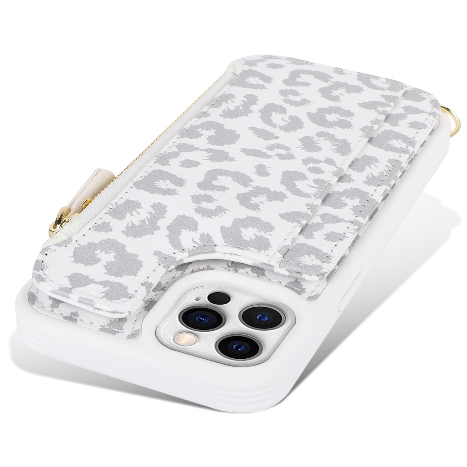 Premium Magnetic Wallet Case for iPhone 12/12 Pro - Slim Protective Cover with Card Holder & Crossbody Strap | Magsafe Compatible | Leopard White Design | Perfect for Women's Everyday Use, Travel & Shopping