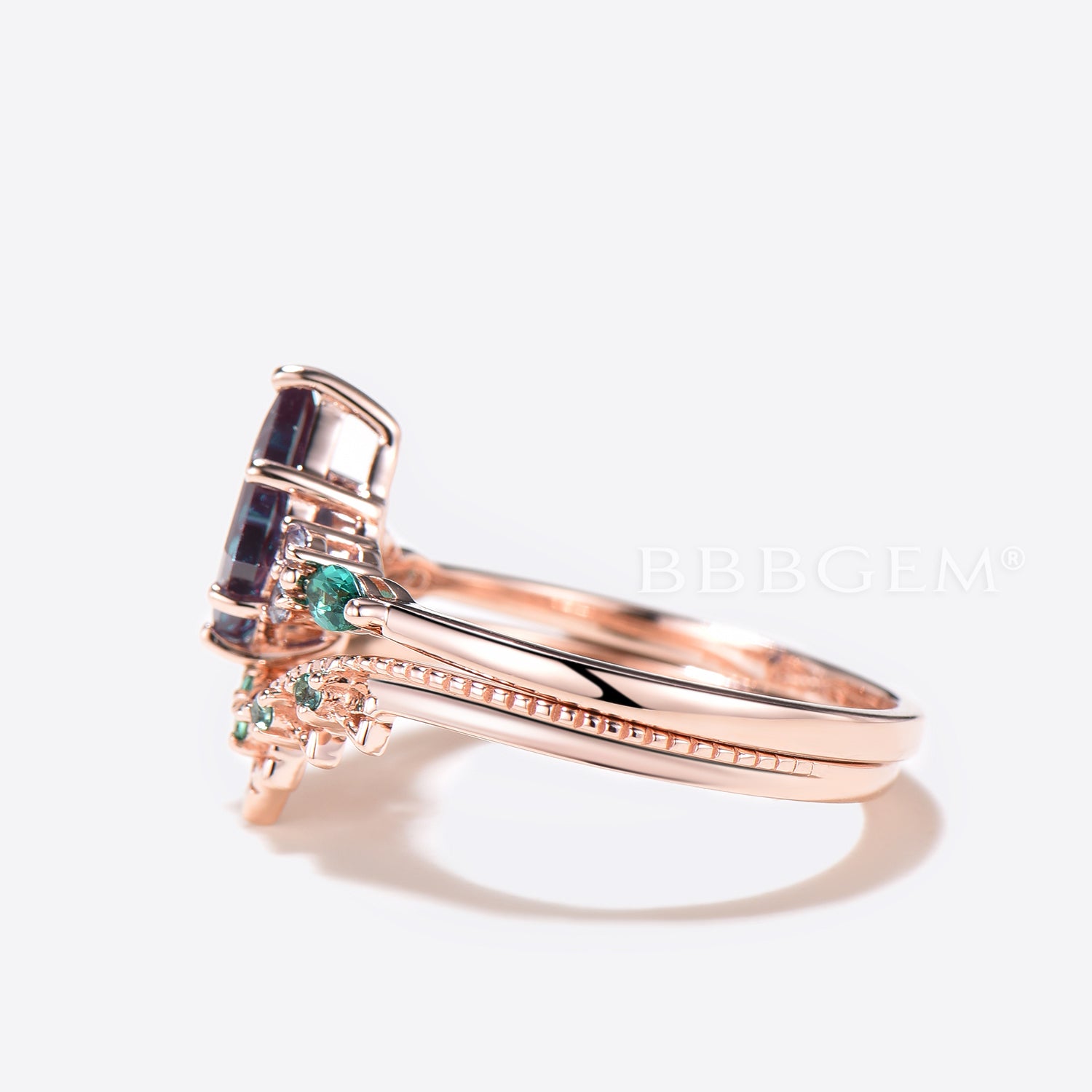 Alexandrite Color Changing Engagement Ring Set - Emerald Cut Kite Cluster Bridal Jewelry for Wedding & Proposal