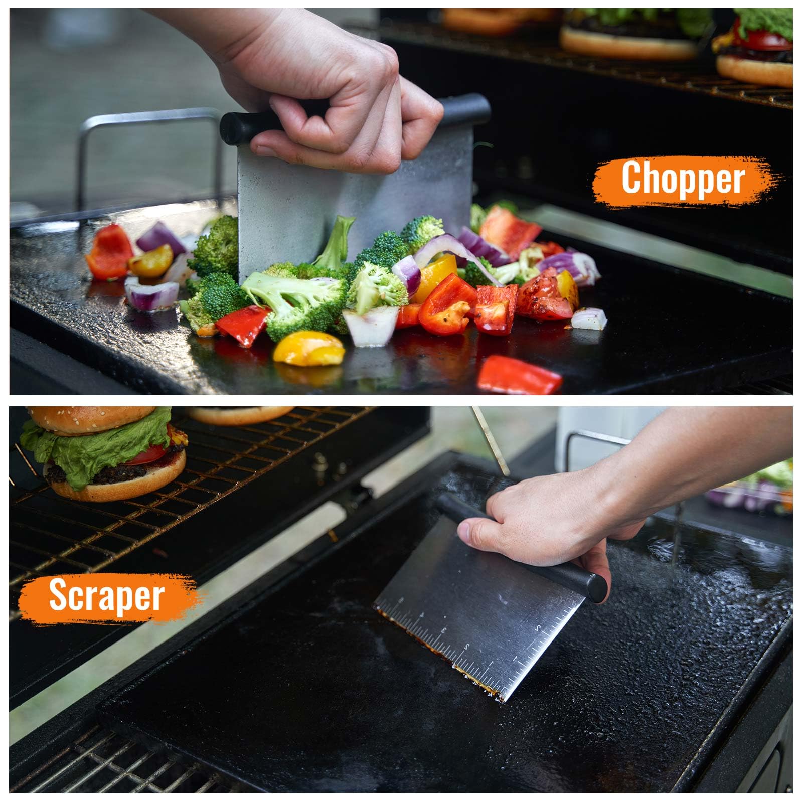 HULISEN 5-Piece Griddle Accessories Kit - Stainless Steel Spatula with Cutting Edges (6x5 Inch), 2 Squeeze Bottles, Chopper & Scraper - Essential Flat Top Grill Tools for Indoor/Outdoor Cooking - Perfect for Burgers, Pancakes & BBQ Parties