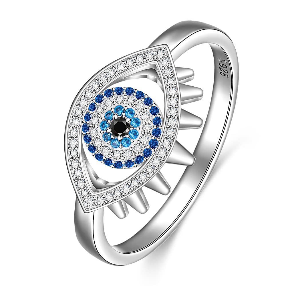 Evil Eye Protection Ring for Women - Sterling Silver Blue Sapphire Turkish Nazar Jewelry - Spiritual Third Eye Greek Religious Faith Lucky Gift - Size 7-8 - Perfect for Meditation, Yoga & Positive Energy