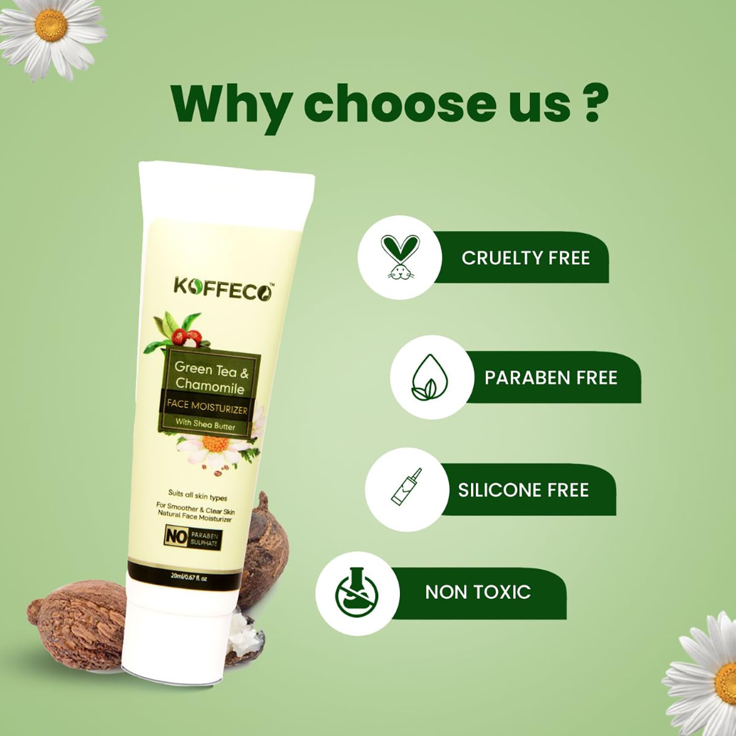 Koffeco 100 ML Green Tea & Chamomile Face Moisturizer for Acne Prone & Oily Skin - Hydrating Face Cream with Shea Butter for Women - Daily Skincare for Clear & Balanced Skin