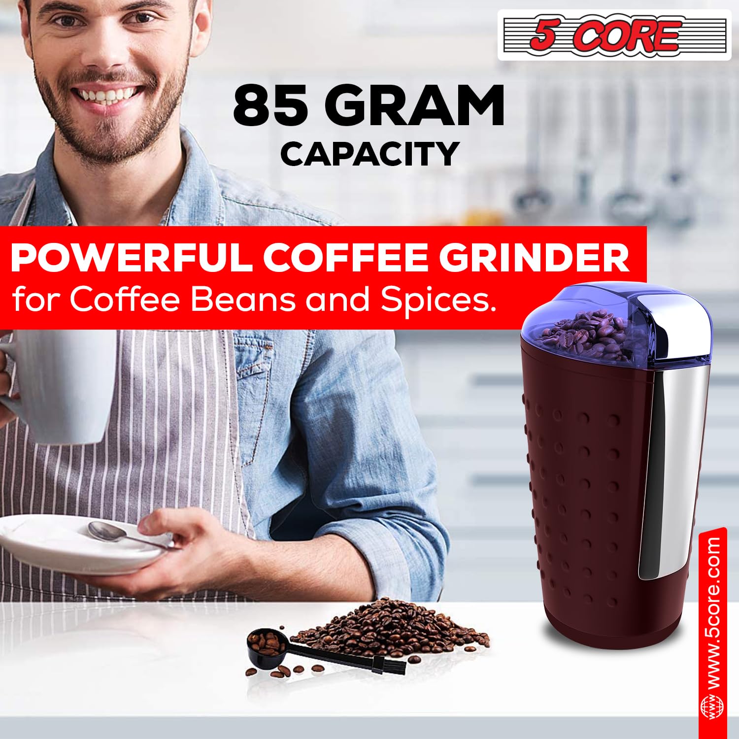 Premium 5-Core Electric Coffee Grinder - 150W, 85g/3oz Capacity, One-Touch Operation - Stainless Steel Blades for Beans & Spices - Black & Brown (Perfect for Home Kitchens, Coffee Shops & Office Break Rooms)