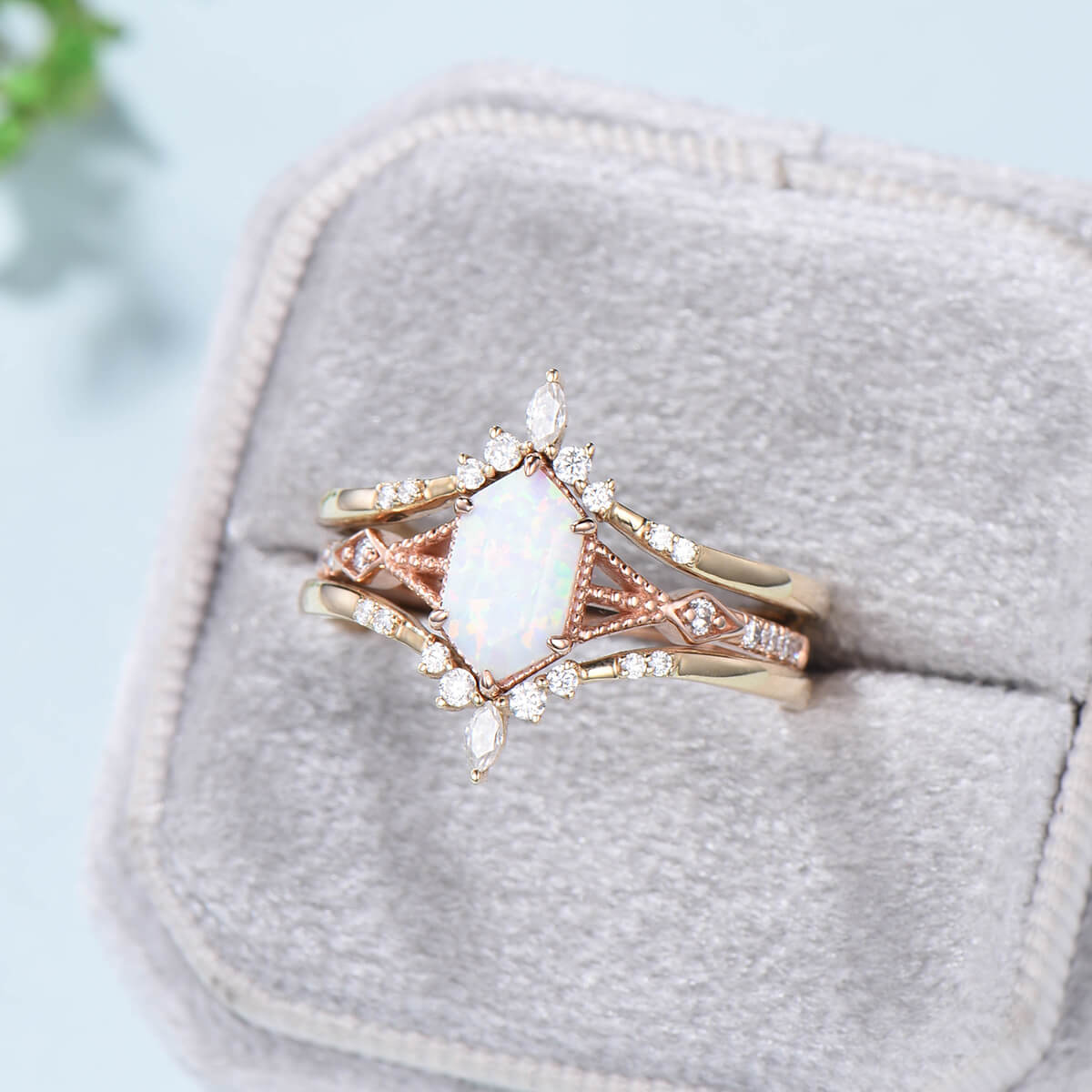 5X9mm Long Hexagon White Opal Engagement Ring Set with Vintage Fire Opal & Moissanite - Double Curved V-Stacking Matching Wedding Band for Bridal, Anniversary & Special Occasions