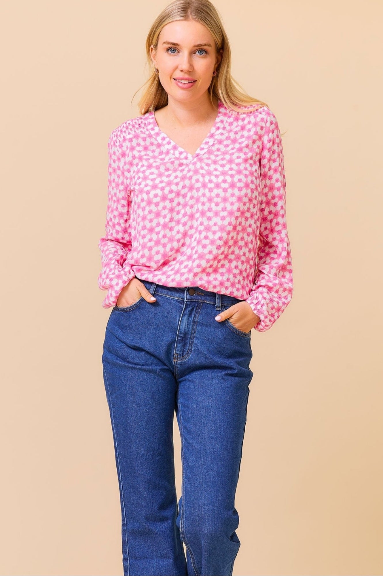 Clea Blouse | Maui Pink & White Floral Print Women's Top | Perfect for Summer Beach Vacations & Casual Outings