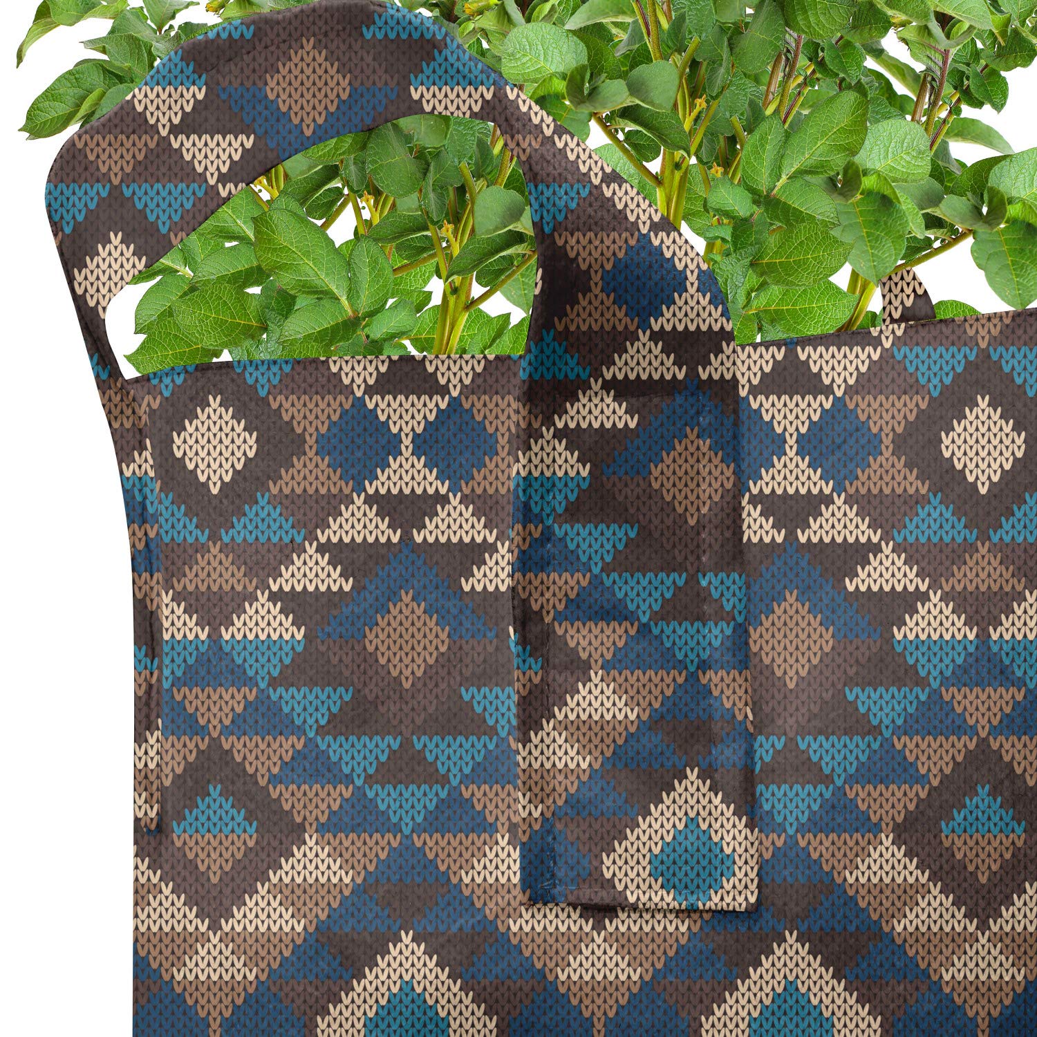 Ambesonne 5-Pack Heavy Duty Knitted Jacquard Grow Bags - 7 Gallon Fabric Plant Pots with Handles for Vegetables, Herbs & Flowers - Ethnic Brown & Dark Blue Design - Ideal for Indoor Gardening, Balcony & Patio Plants