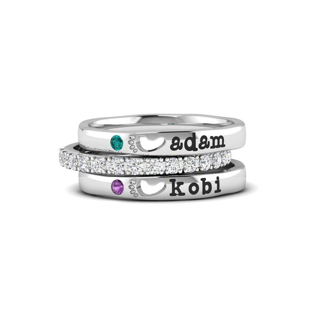 Personalized Birthstone Stacking Ring with Custom Name - Foot Prints TP003 - Perfect for Gifts, Anniversaries, and Everyday Wear