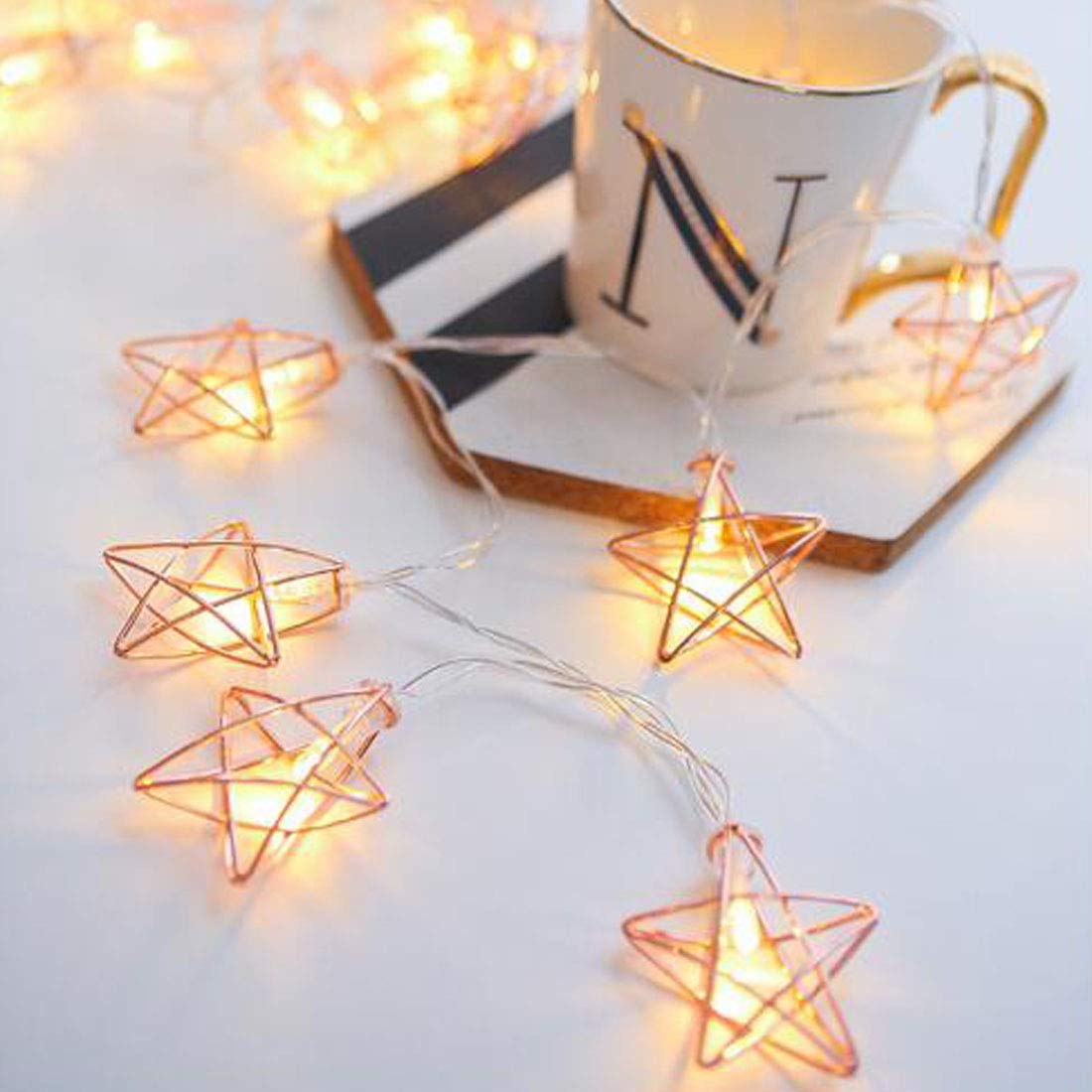20LED 9.8ft Rose Gold Metal Pentagram String Lights - Battery Powered Fairy Lights for Home Decor, Wedding, Party, Birthday, Valentine's Day - Perfect for Bedroom, Garden, Christmas Tree & Outdoor Decorations