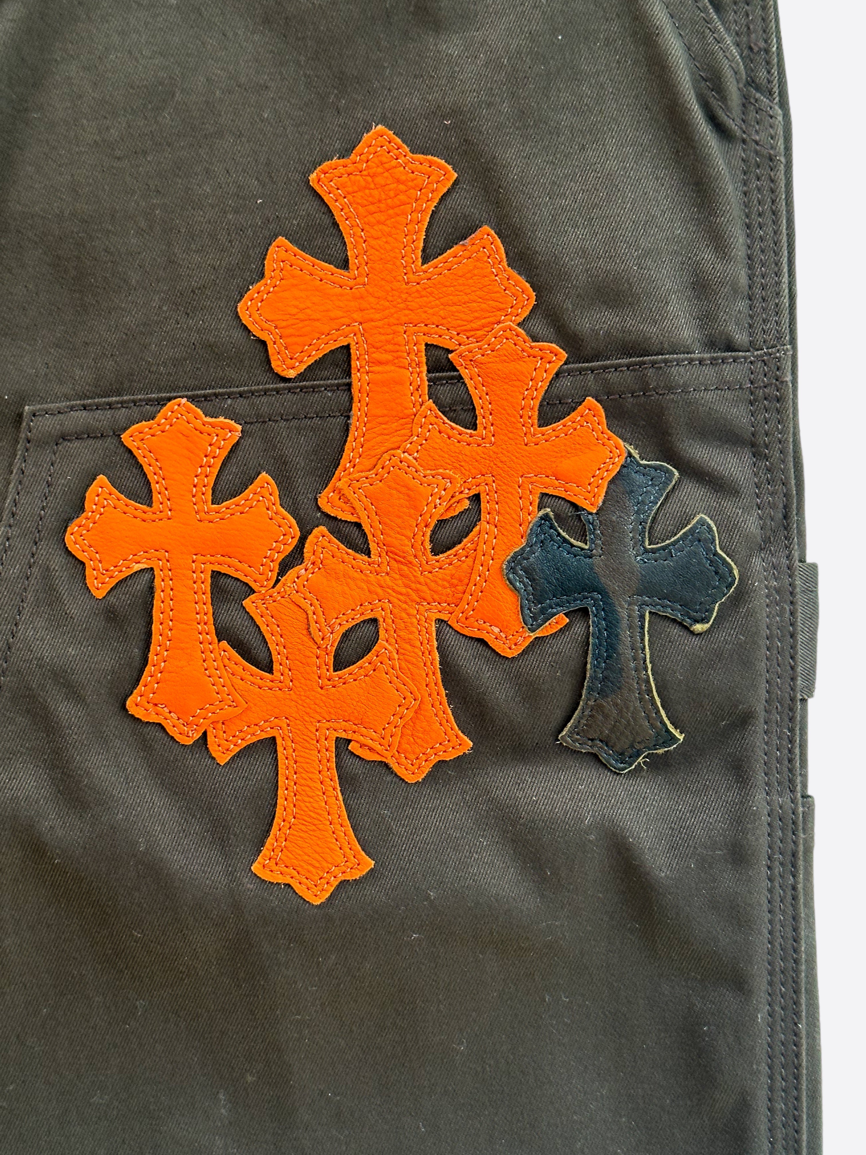 Chrome Hearts Brown & Orange Cross Patch Carpenter Jeans - Stylish Distressed Denim Pants for Men | Perfect for Streetwear, Casual Outfits & Fashion Statements