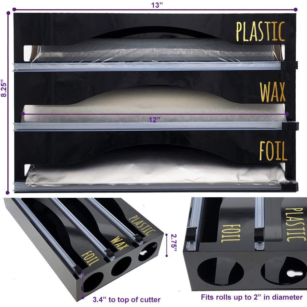 OnDisplay Luxe Acrylic 3-in-1 Plastic Wrap, Wax Paper & Aluminum Foil Dispenser - Wall Mountable or Drawer Organizer (Black) - Perfect for Kitchen Countertop, Pantry & Food Storage Organization