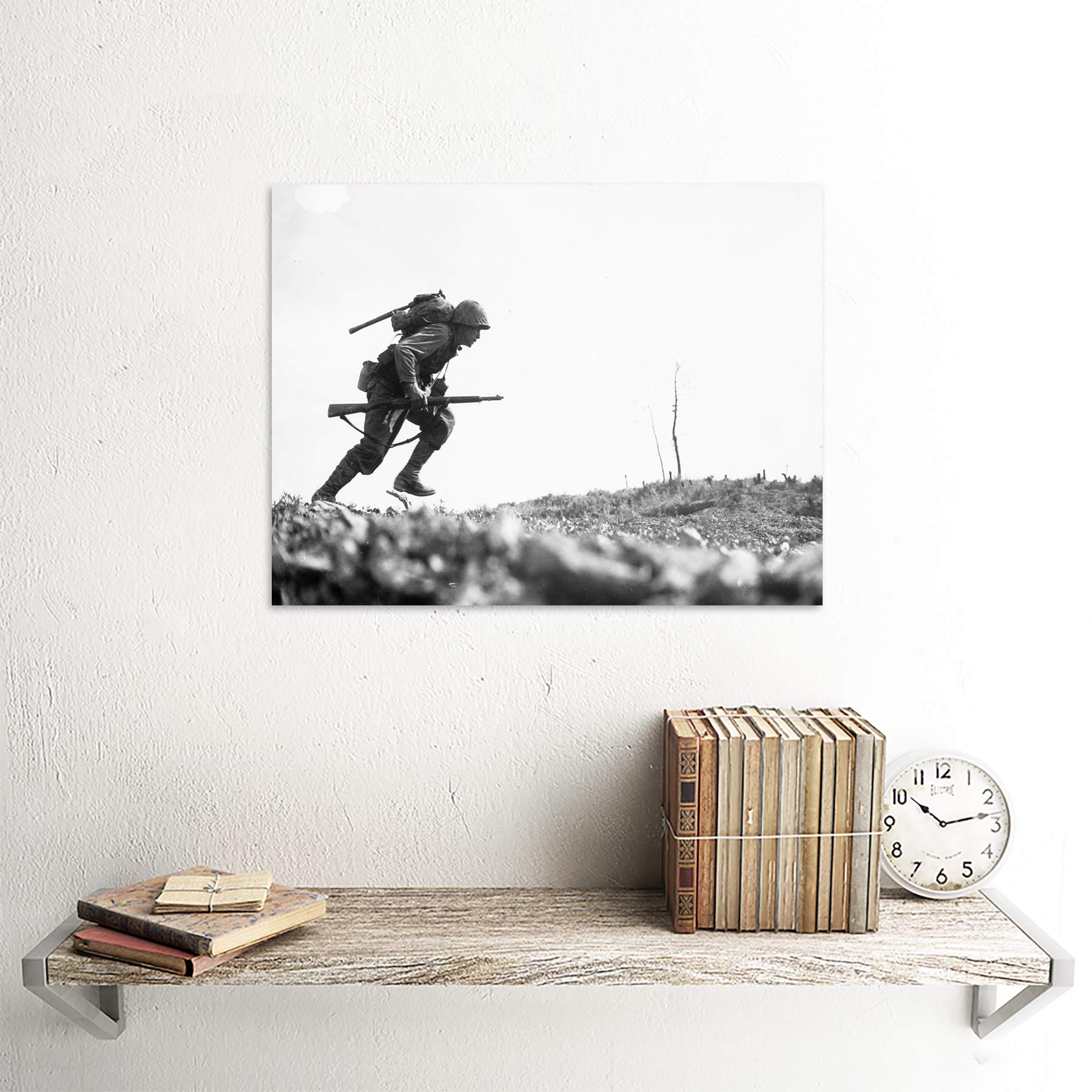 WWII USA Marine Sniper Scout Machine Gun Fire Historical Photo Art Print - Premium Canvas Wall Decor Poster for Living Room, Office & Man Cave