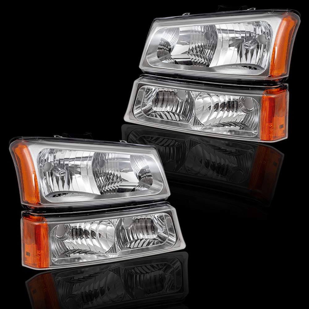 Brock Chrome Headlights & Parking Signal Lights Set - Compatible with 2003-2006 Chevy Avalanche & Silverado Pickup Trucks - High Performance Replacement for Improved Night Driving Safety