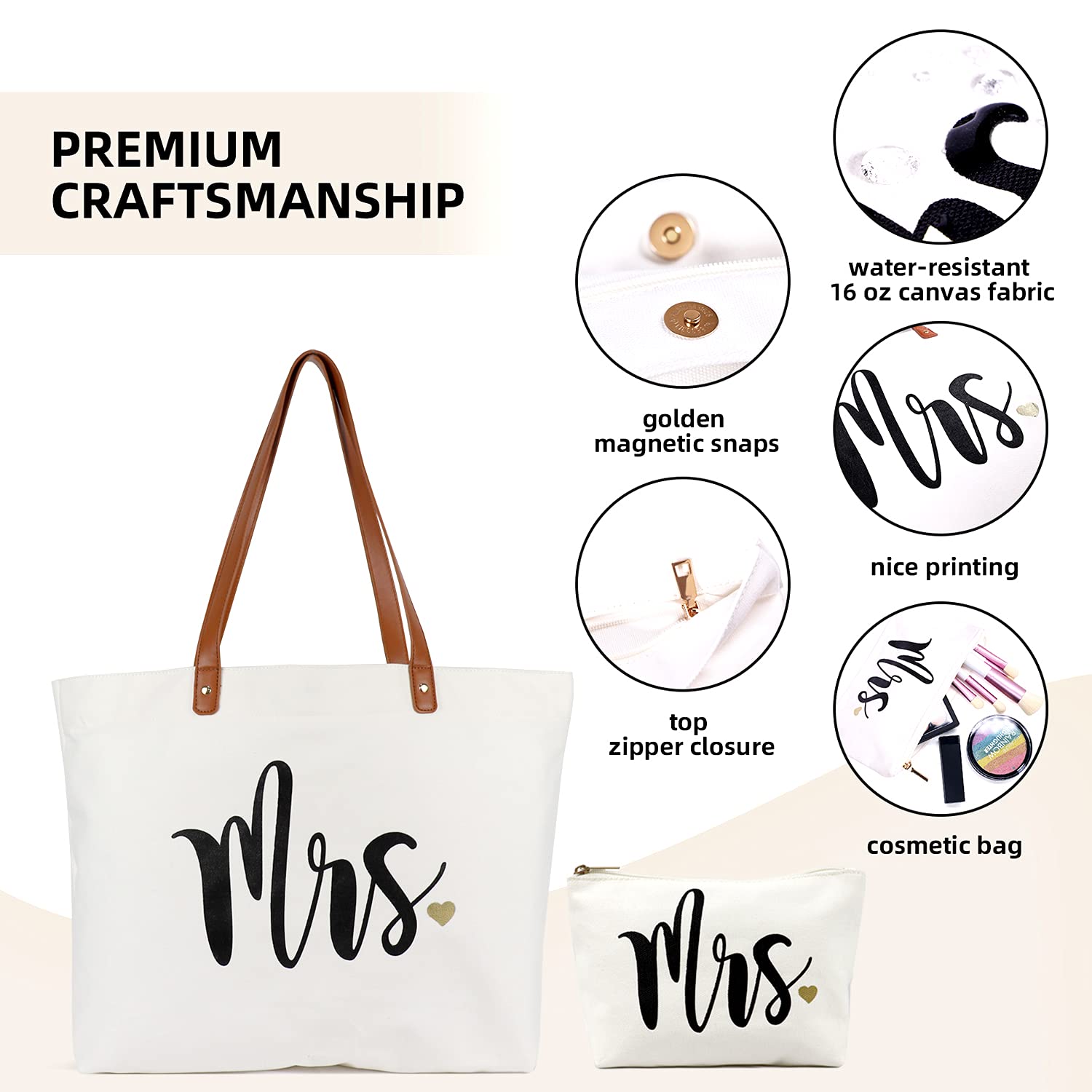 Lamyba Bride Tote Bag with Matching Makeup Pouch - Elegant Mrs Tote for Wedding & Bridal Shower Gift - Premium White Canvas Bag for Bride, Bridesmaids & Wedding Essentials
