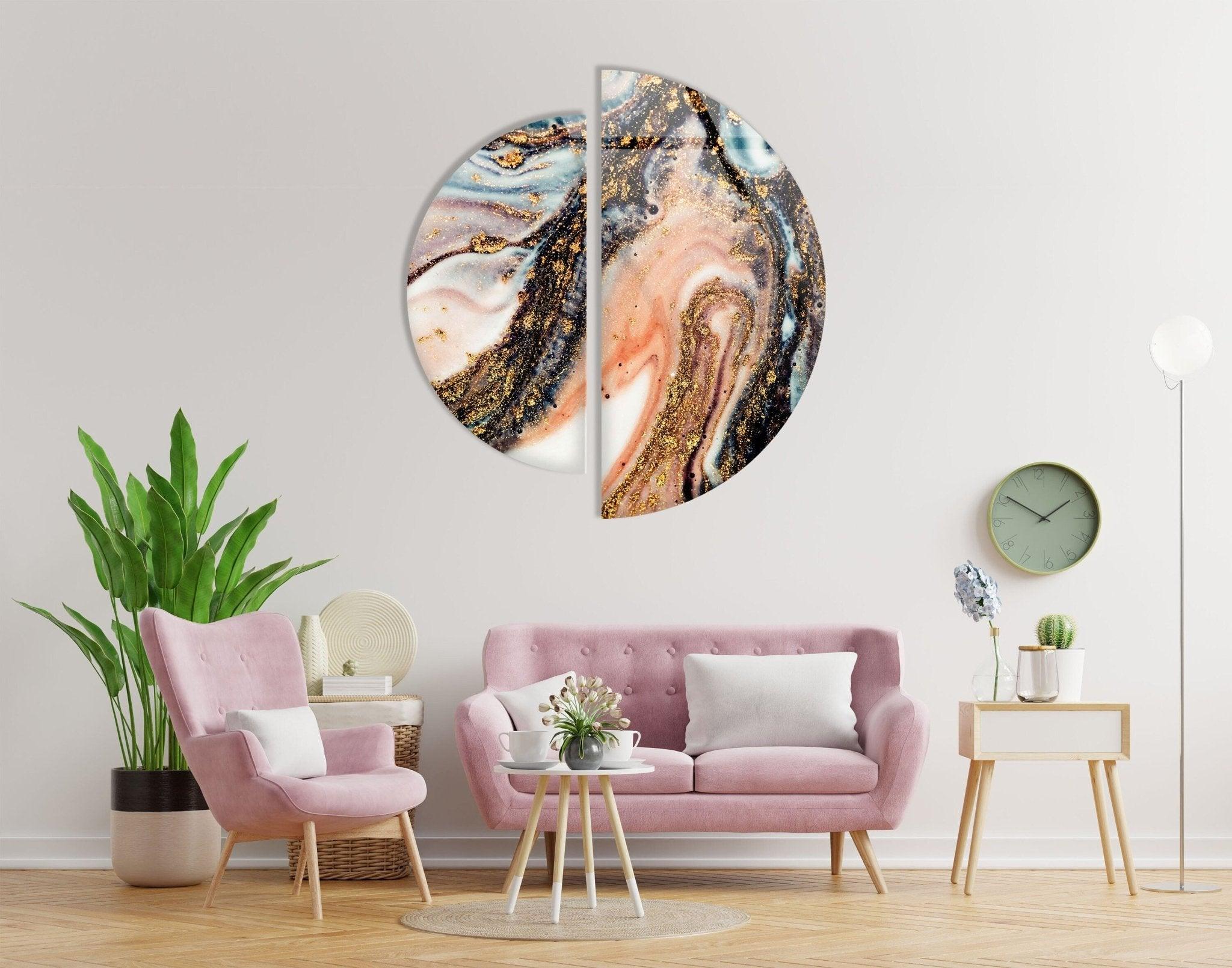 2 Piece Golden Fractal Glass Wall Art Set - Modern Abstract Geometric Decor for Living Room, Bedroom & Office - Handmade 3D Glass Panel Artwork for Home & Wall Decor