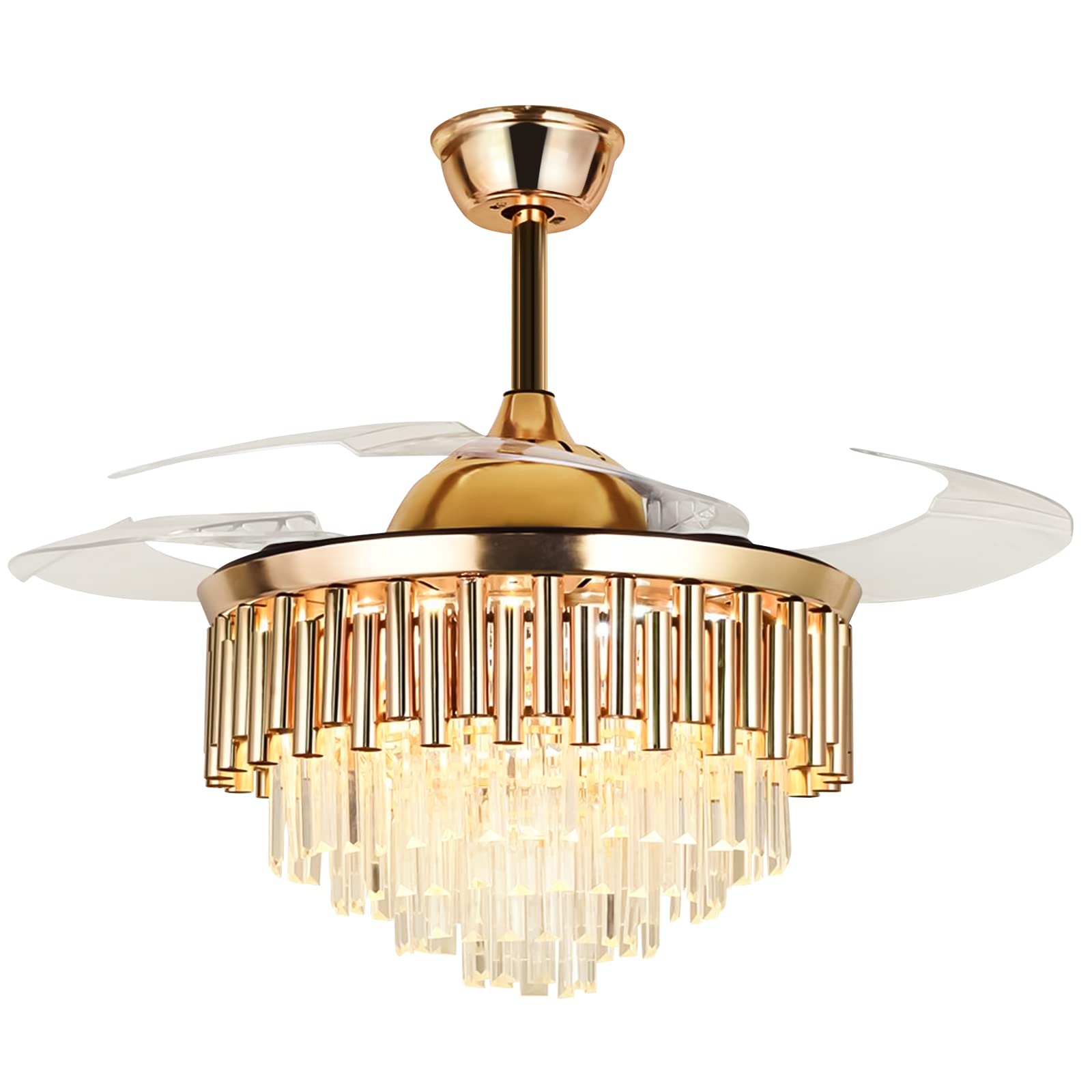 Elegant Crystal Ceiling Fan Chandelier with LED Light - 3 Color Temperatures & Retractable Blades - 3 Speed Settings - Perfect for Living Room, Bedroom & Dining Room Décor