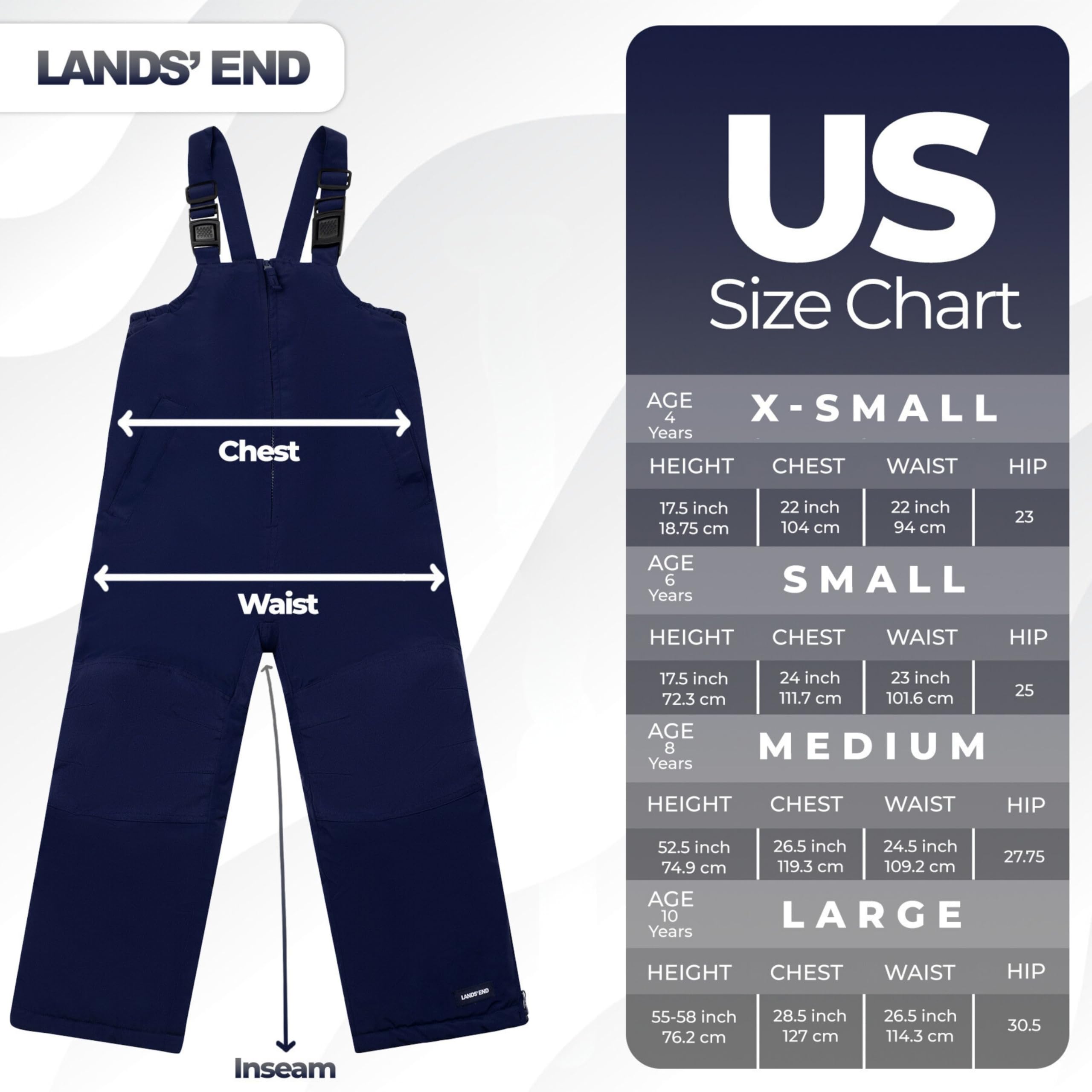 Lands' End Kids Squall Waterproof Snow Bib Pants with Reinforced Knees - Winter Outdoor Play, Skiing, Snowboarding & Cold Weather Activities