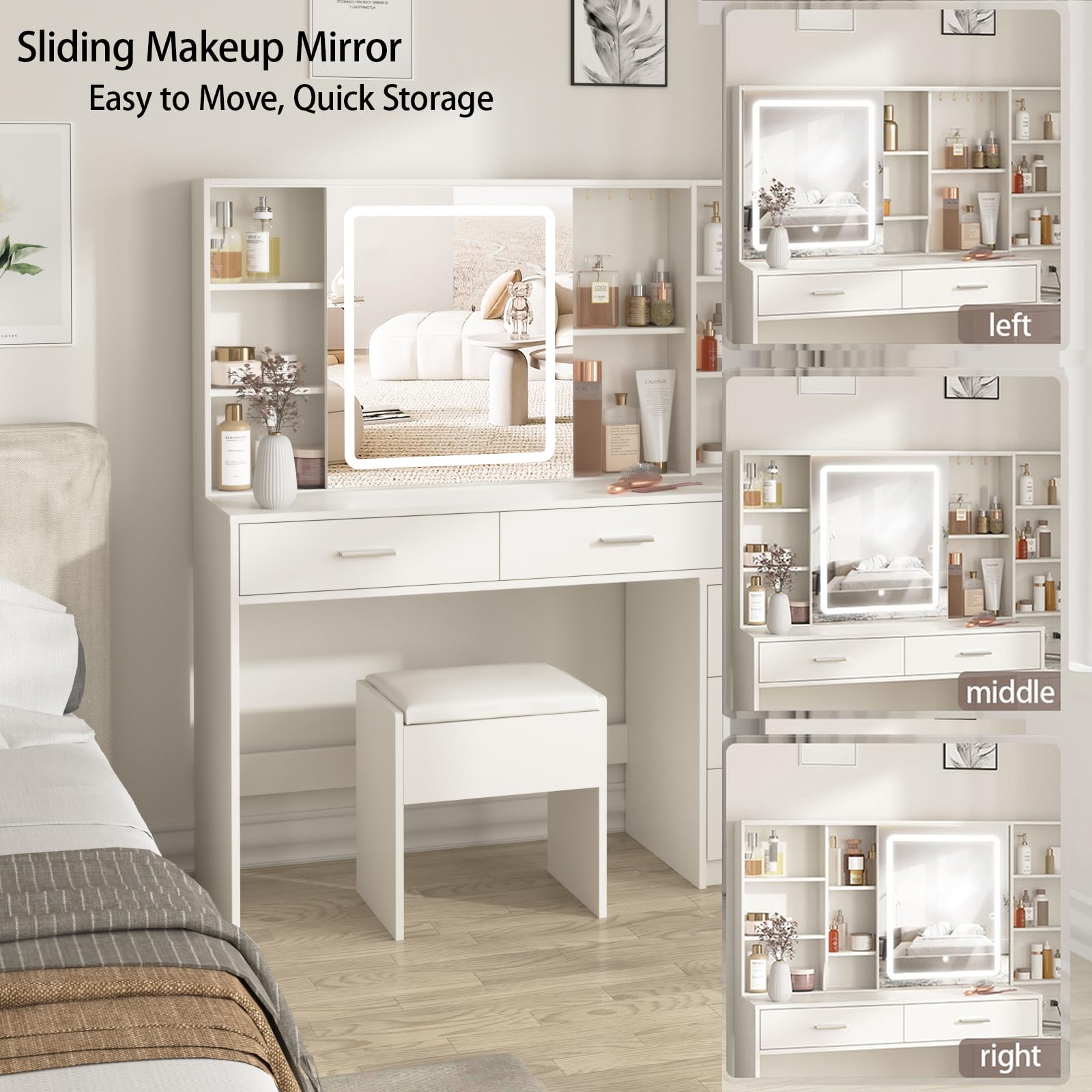 Fameill Makeup Vanity Desk with Sliding Mirror & 3-Color LED Lights, Vanity Table Set with Chair, 5 Drawers & Hooks, USB Charging Station - Perfect for Bedroom, Dressing Room & Home Salon (White)