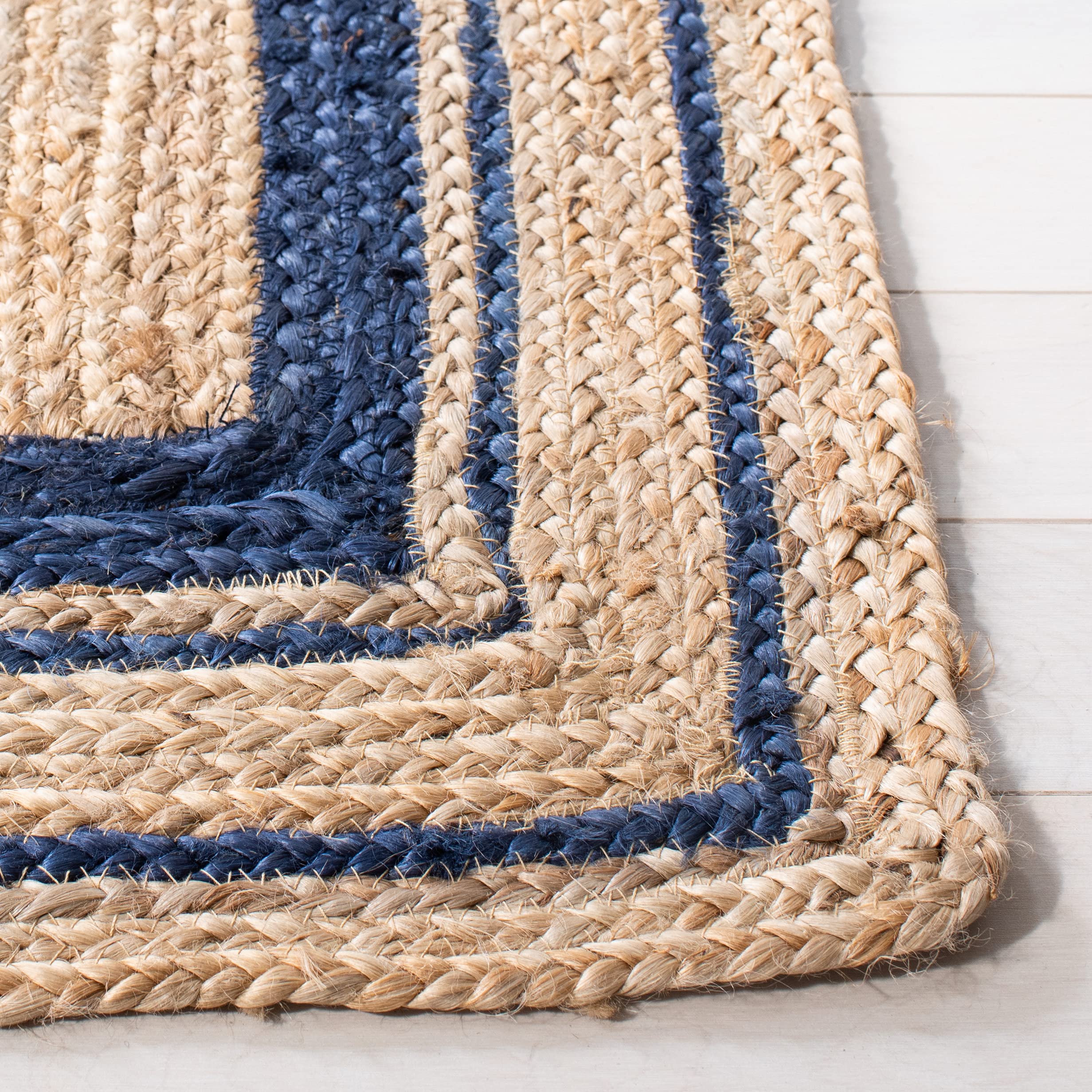 SAFAVIEH Handmade Jute Area Rug 6' x 6' Square - Natural Fiber Farmhouse Rug with Navy Border (NF109N) | Perfect for Living Room, Bedroom & Boho Home Decor