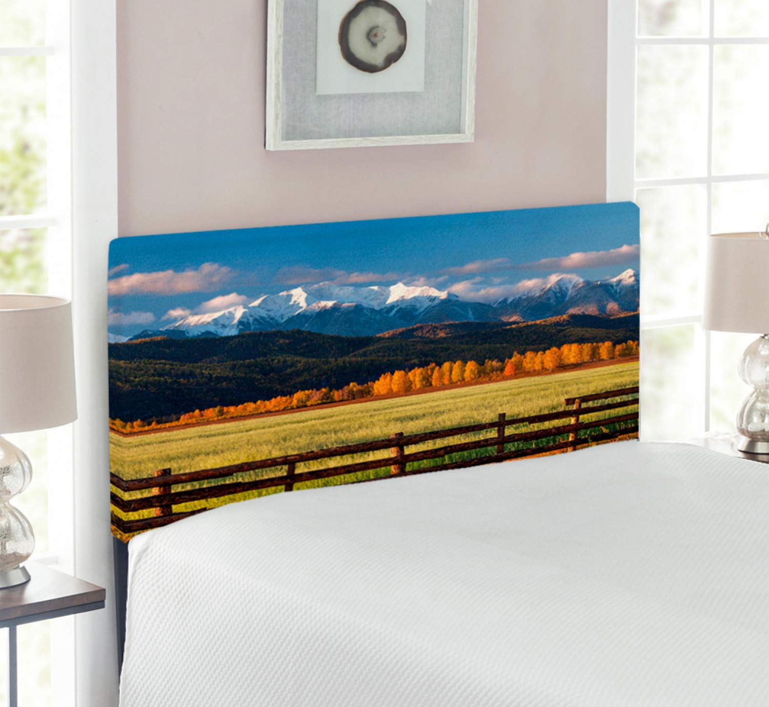 Ambesonne Nature Headboard - Farm Field with Snow Covered Mountain & Forest Panoramic Art, Upholstered Decorative Metal Bed Frame with Memory Foam, Twin Size, Multicolor - Perfect for Bedroom Decor & Cozy Cabin Retreats