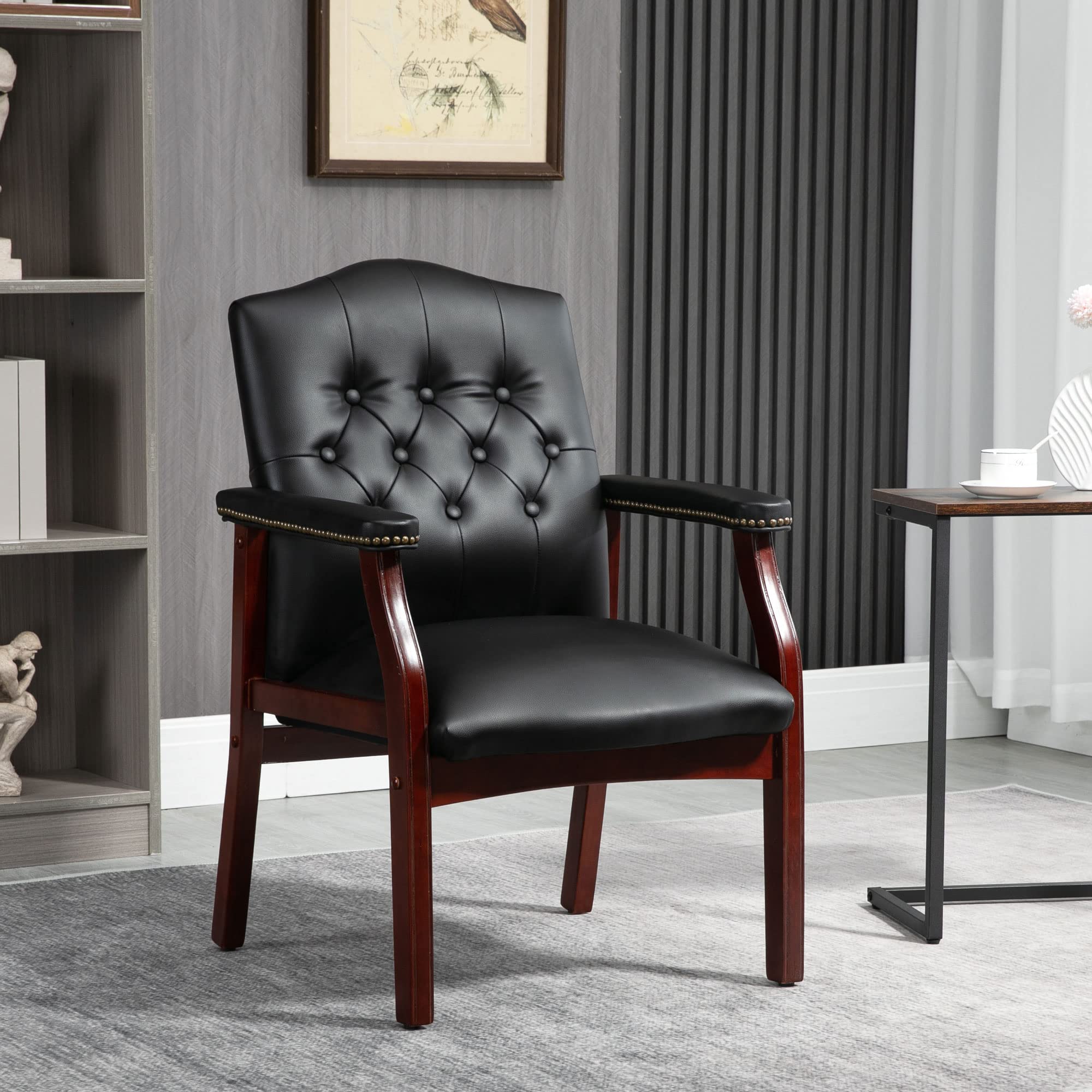 Premium Black Leather Office Chairs Set of 6 - High Back Ergonomic Executive Guest Chairs for Reception & Conference Rooms - Perfect for Waiting Areas, Meetings, Church Events & Lobby Seating - Armrest Design Without Wheels - Modern Professional Workspace Furniture