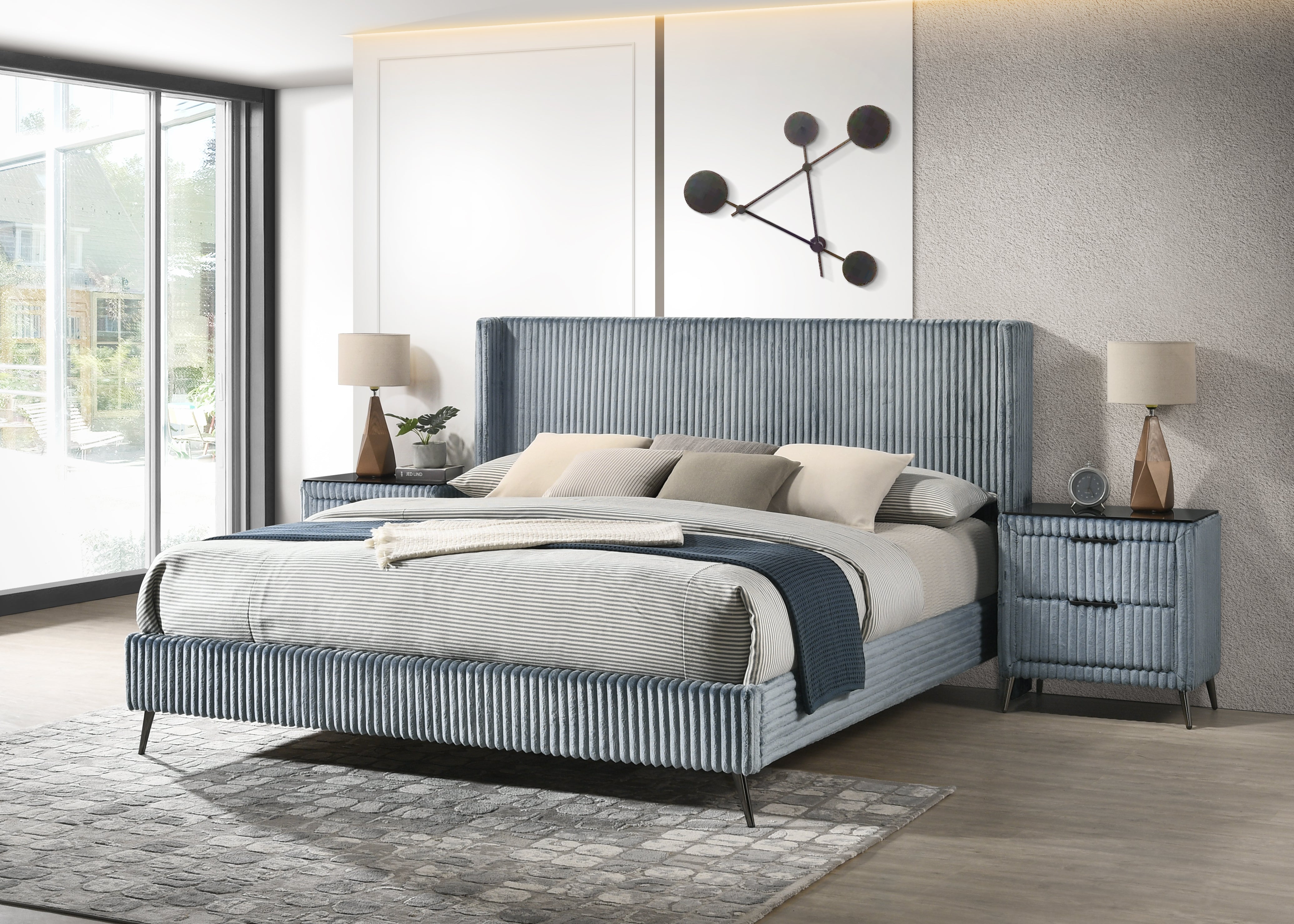Roundhill Furniture Mavela Wide Wale Corduroy Upholstered Panel Bed with 2 Nightstands - Luxurious Bedroom Set for Modern Home Decor & Cozy Sleeping Experience