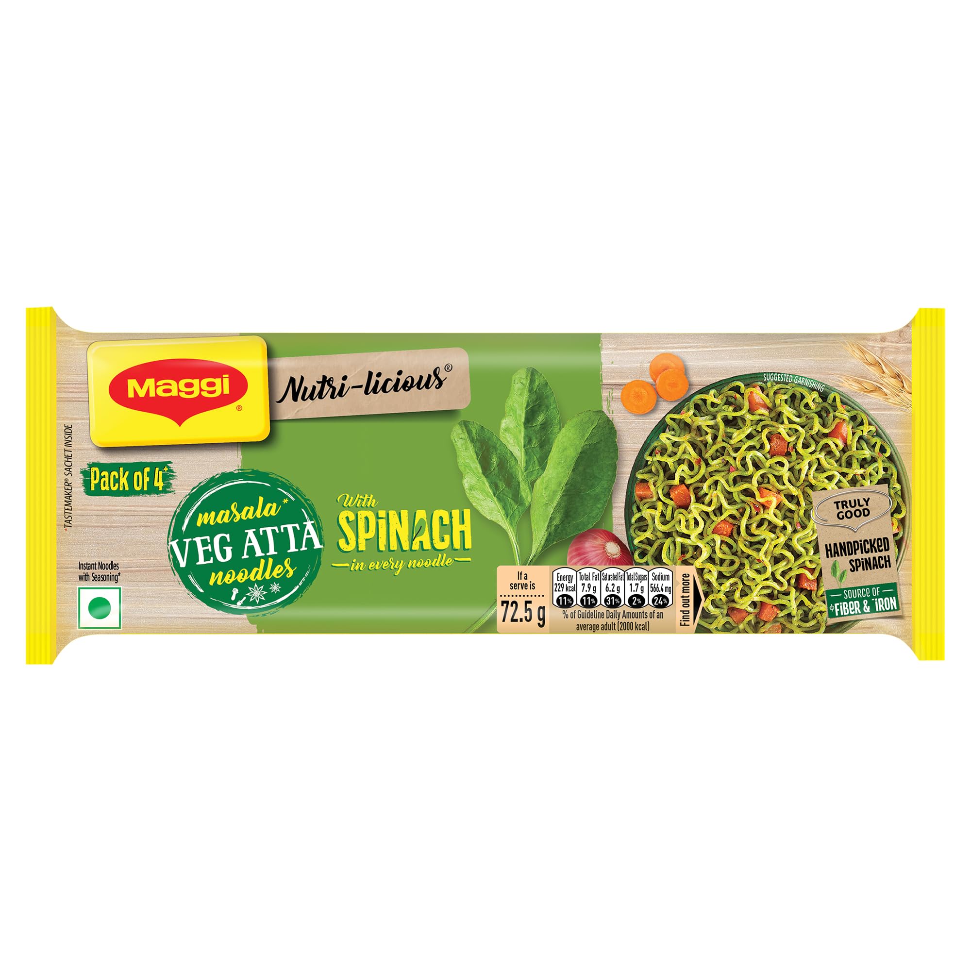 Maggi Nutri-Licious Masala Veg Atta Noodles with Spinach (290g) | Healthy Instant Noodles for Quick Meals & Snacks | Perfect for Office Lunch, College Dorm & Busy Weeknights
