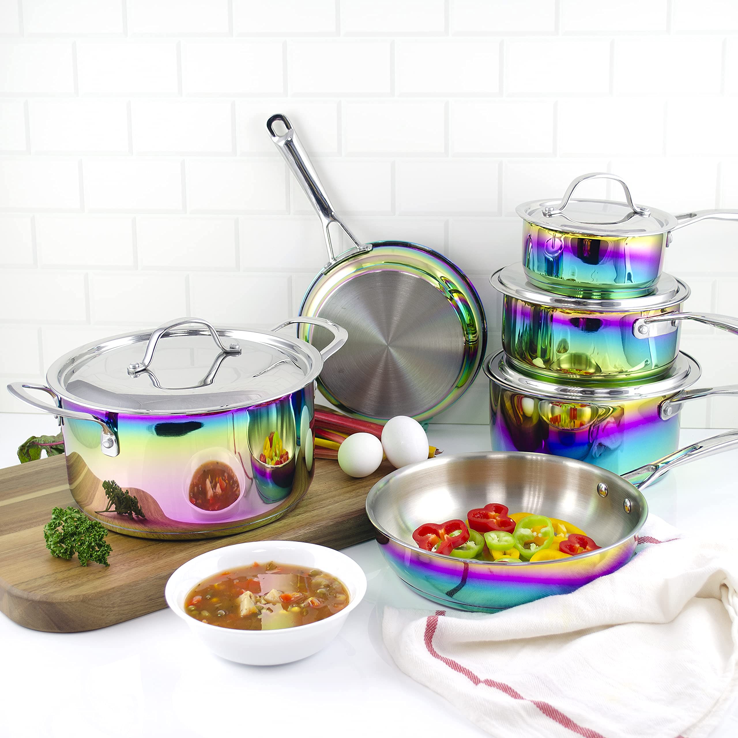 Rainbow Cookware Set - 10-Piece Stainless Steel & Titanium Pots and Pans Set - Nonstick, Induction Compatible, Oven-Safe - Durable Kitchen Cookware for Home Chefs - Perfect for Frying, Boiling, Baking & Everyday Cooking