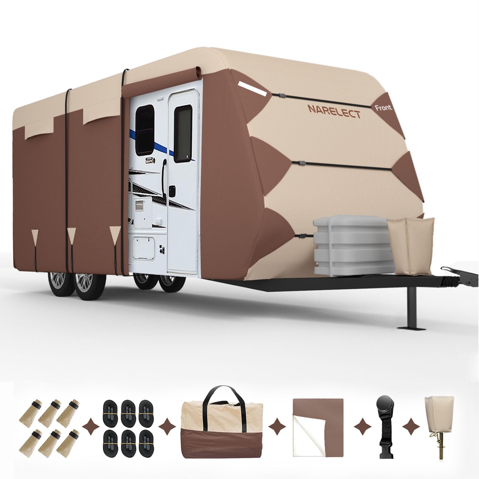 18'-20' RV Cover Travel Trailer Camper Cover - 7-Layer Windproof Waterproof Rip-Stop Fabric with Tongue Jack Cover & Gutter Protection | Includes Extra Windproof Ropes (Brown) | Perfect for Outdoor Storage & Winter Protection
