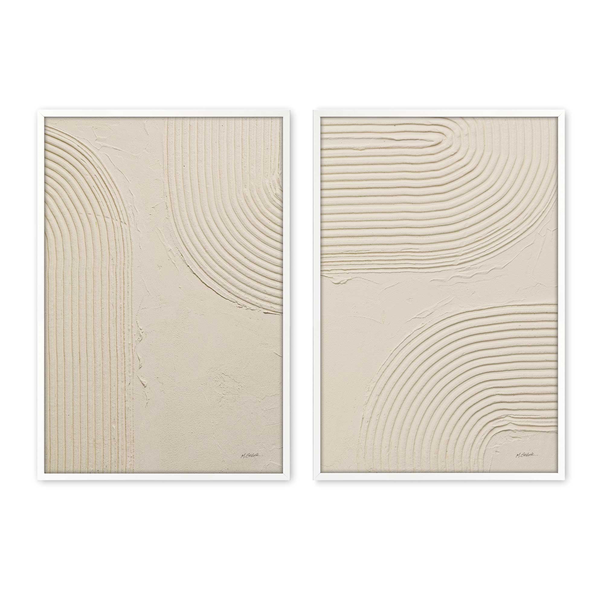 Beige Abstract Wall Art Set of 2 - Modern Echoed Curves Prints for Living Room & Bedroom Decor