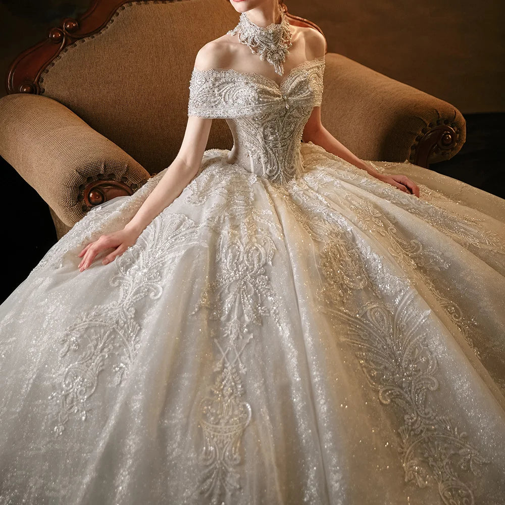 Elegant Princess Wedding Dress with Sequins & Beading - Sweetheart Neckline, Short Sleeves & Lace-Up Back | Perfect for Bridal Showers, Vow Renewals & Fairy Tale Weddings