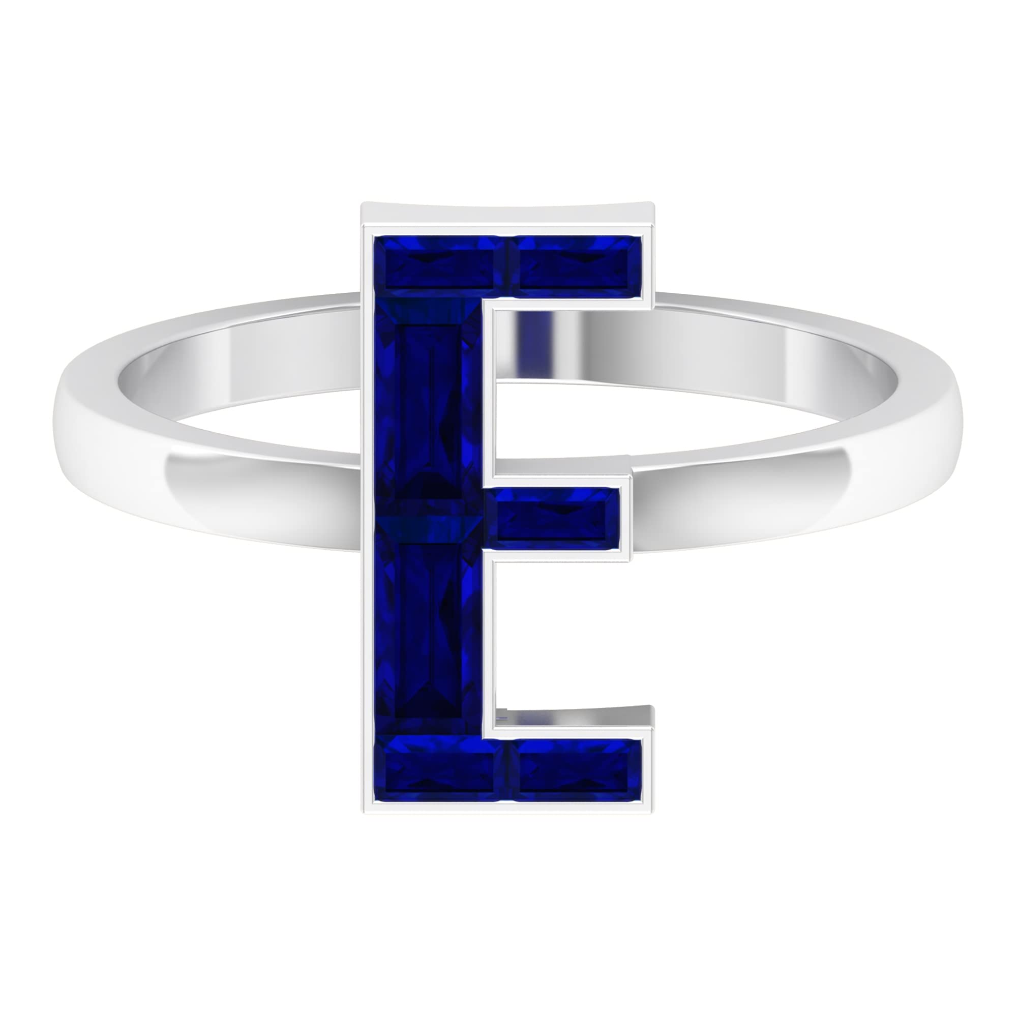Lab Created Blue Sapphire Alphabet Initial Rings A-Z | 14K White Gold Baguette Letter Rings | Personalized Name Jewelry for Gifts, Engagements & Everyday Wear