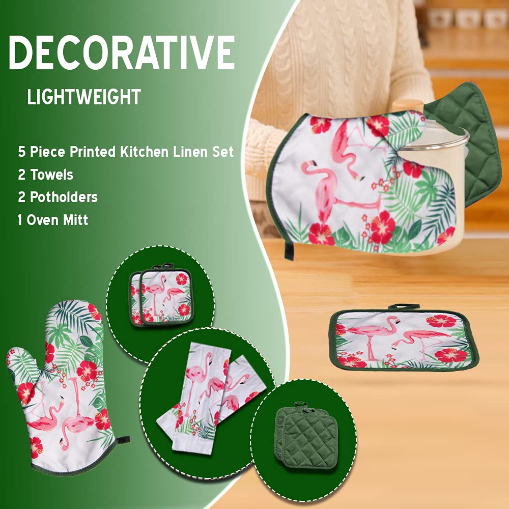 Lobyn 5-Piece Tropical Kitchen Towel Set with Pink Flamingos - 2 Decorative Dish Towels, 1 Oven Mitt & 2 Potholders - Soft & Absorbent for Cooking, Baking & Kitchen Decor