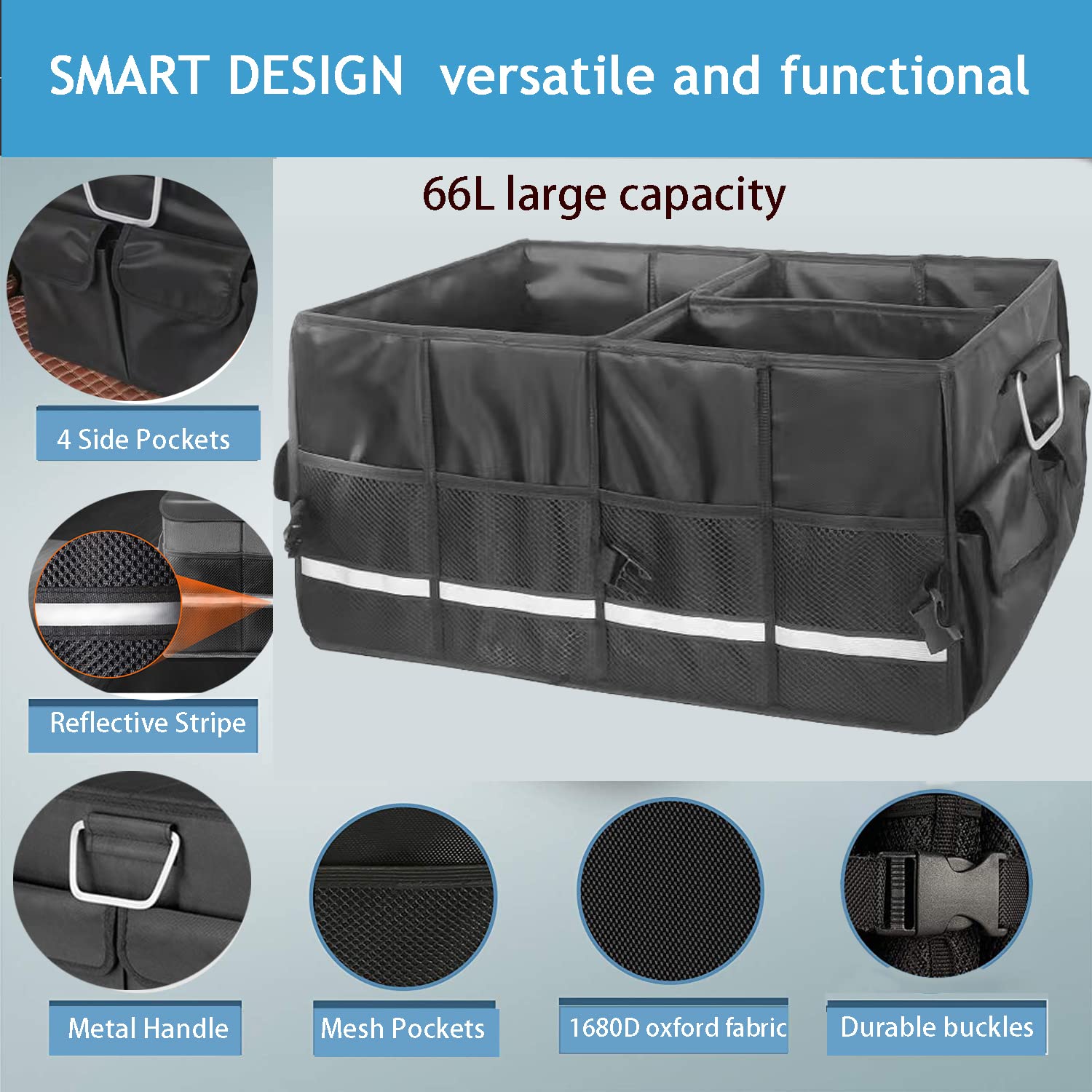 Collapsible SUV Trunk Organizer with Aluminum Alloy Handle & Reflective Strip - Multi-Compartment Car Storage Solution for Travel, Groceries, and Road Trips