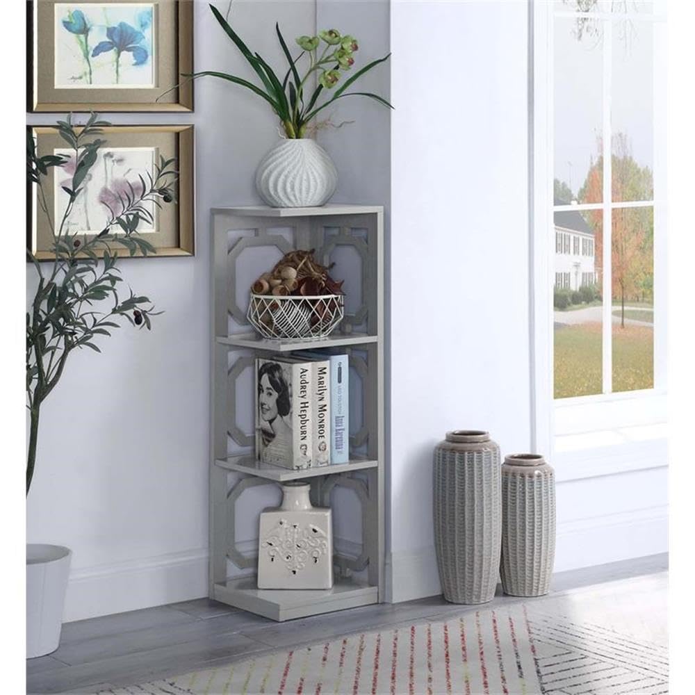 Convenience Concepts Omega 3-Tier Corner Bookcase in Gray - Space-Saving Storage for Living Room, Bedroom or Office